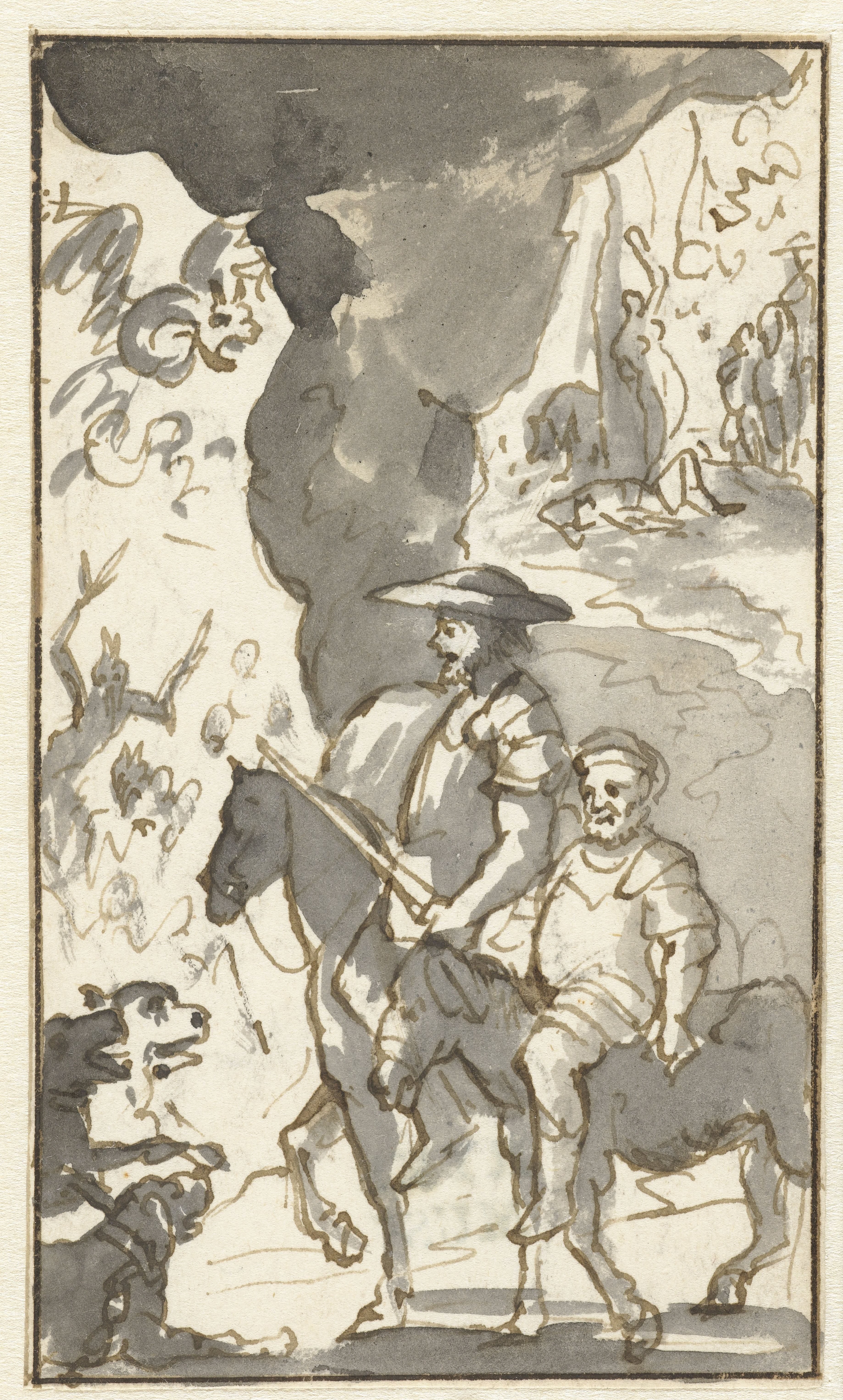 Don Quichotte en Sancho Panza rijden langs een smederij