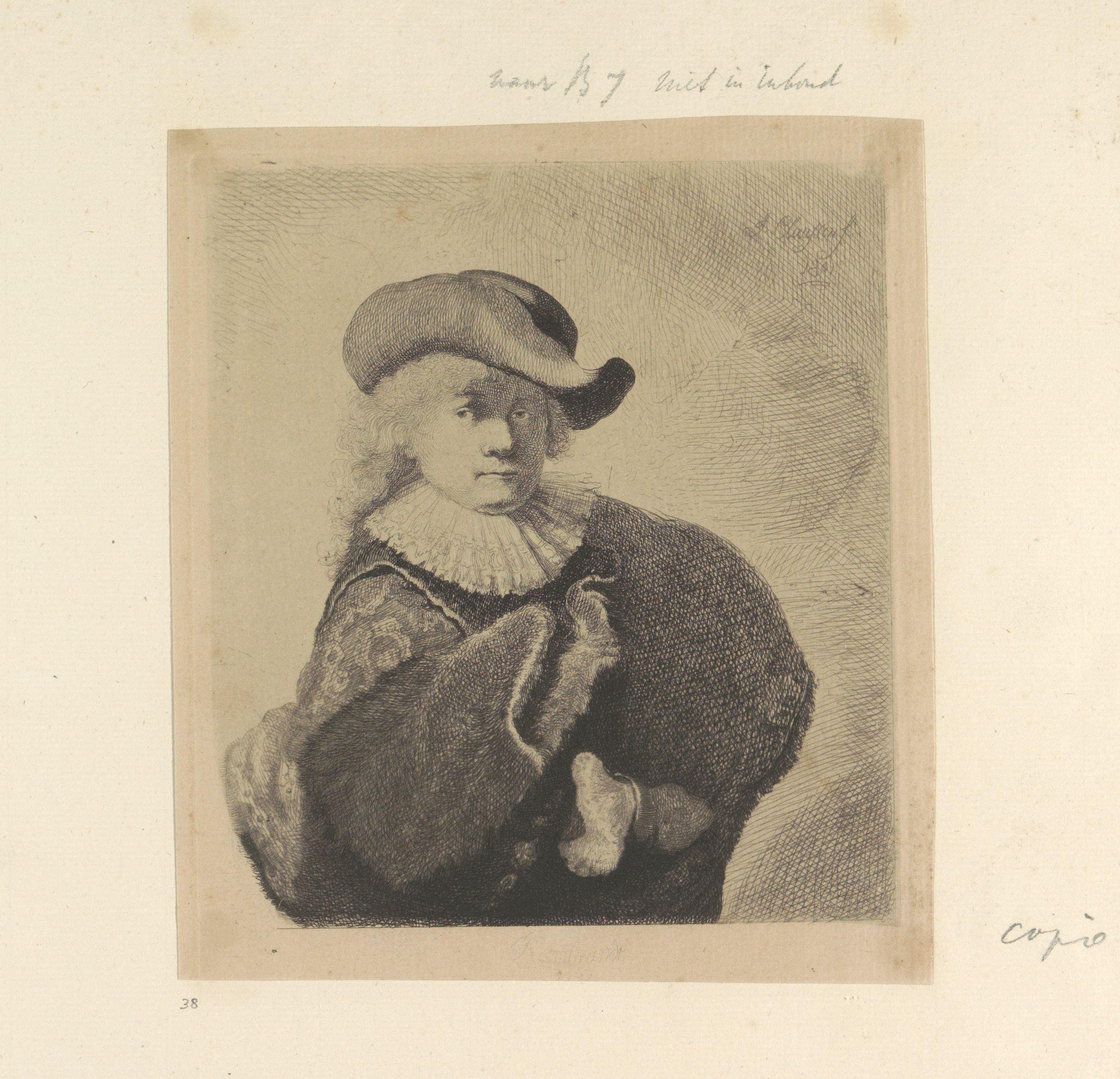 Zelfportret met hoed met slappe rand en geborduurde mantel
