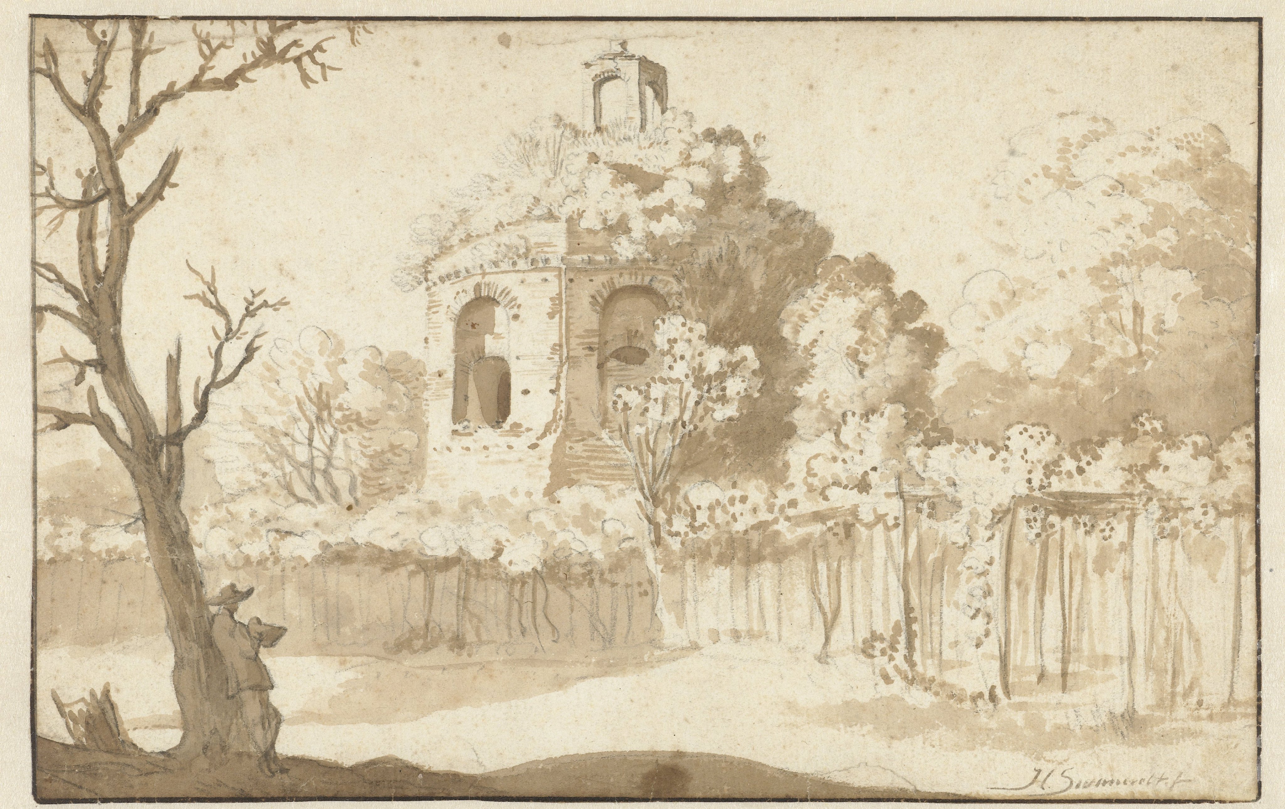 Landschap met ruïne en tekenaar
