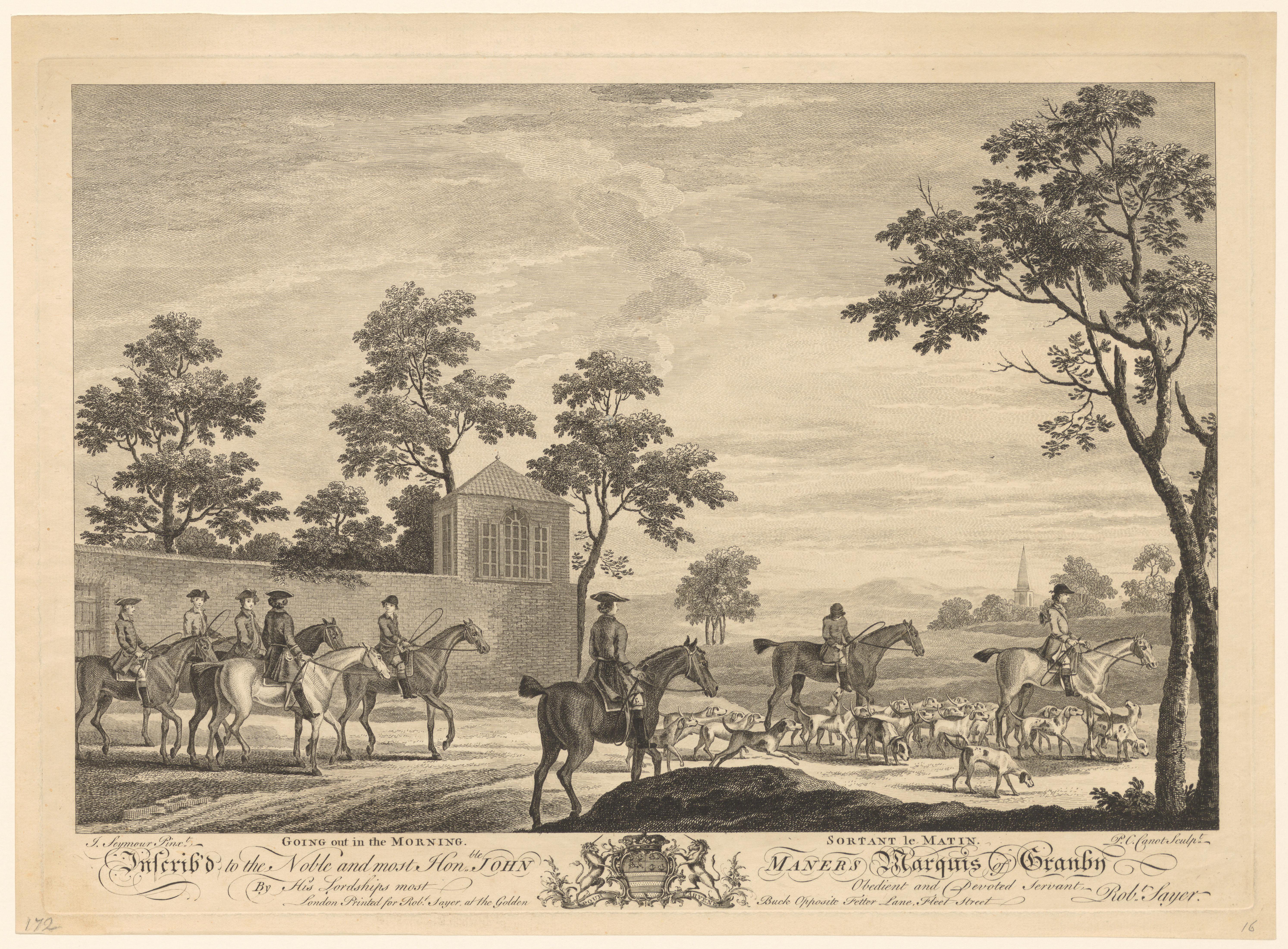 Mannen te paard met jachthonden