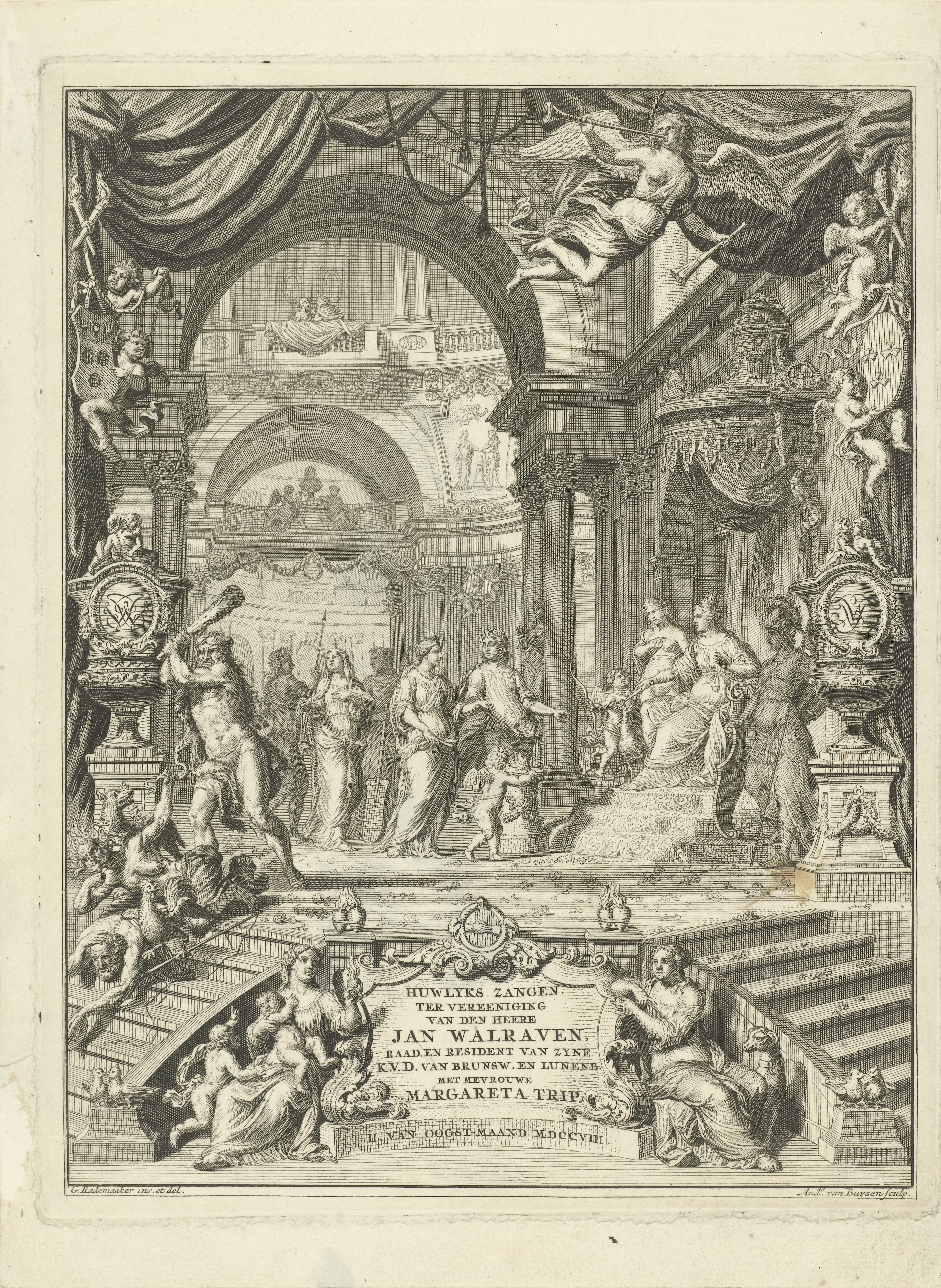 Titelpagina voor: Huwlykszangen ter vereeniging van den heere Jan Walraven, raadt (...) van zyne keurvorstelyke doorluchtigheit van Brunswyk en Lunenburg. Met mevrouwe Margareta Trip. Amsterdam, 108