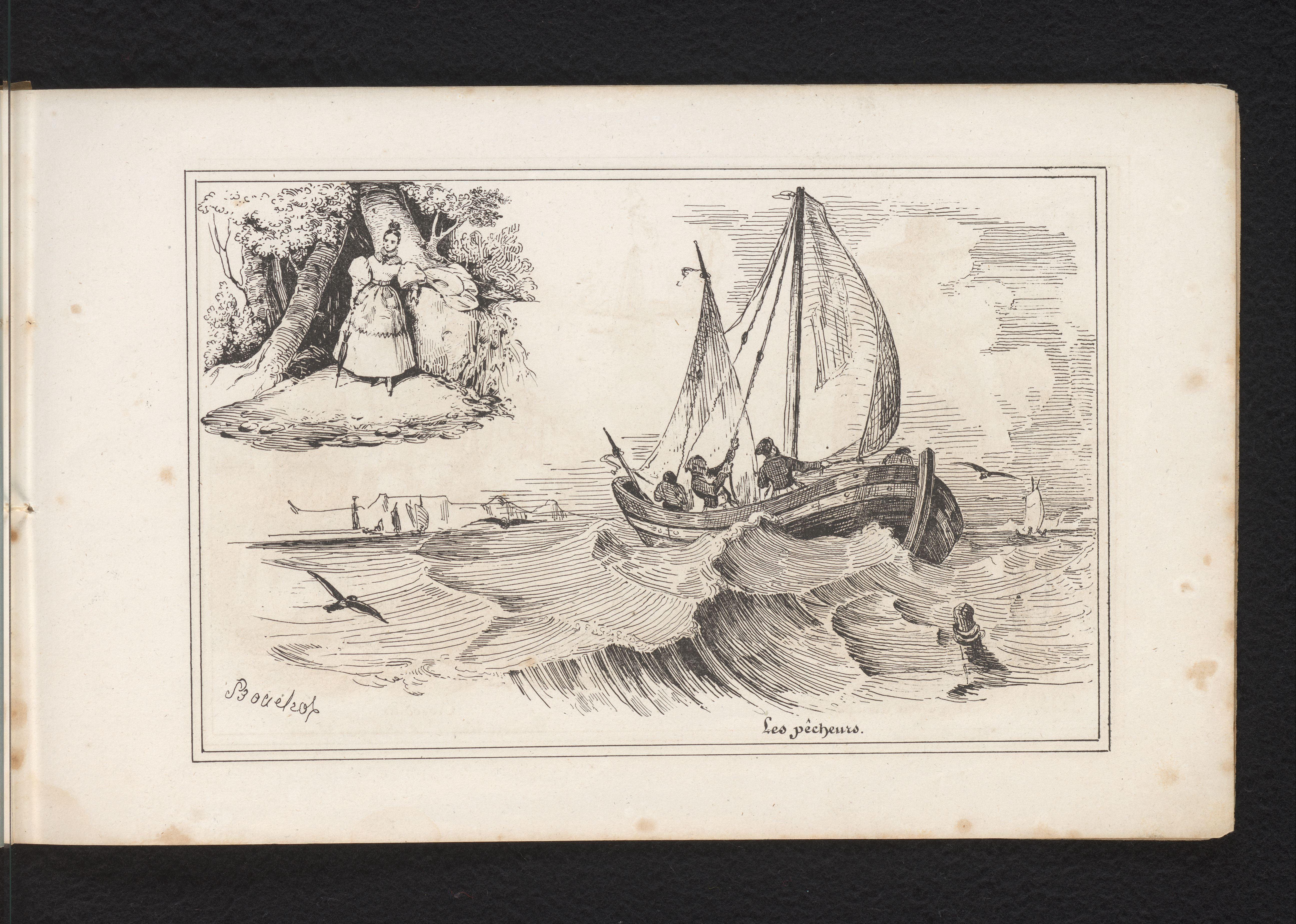 Boslandschap met vrouw en vissersboot op zee
