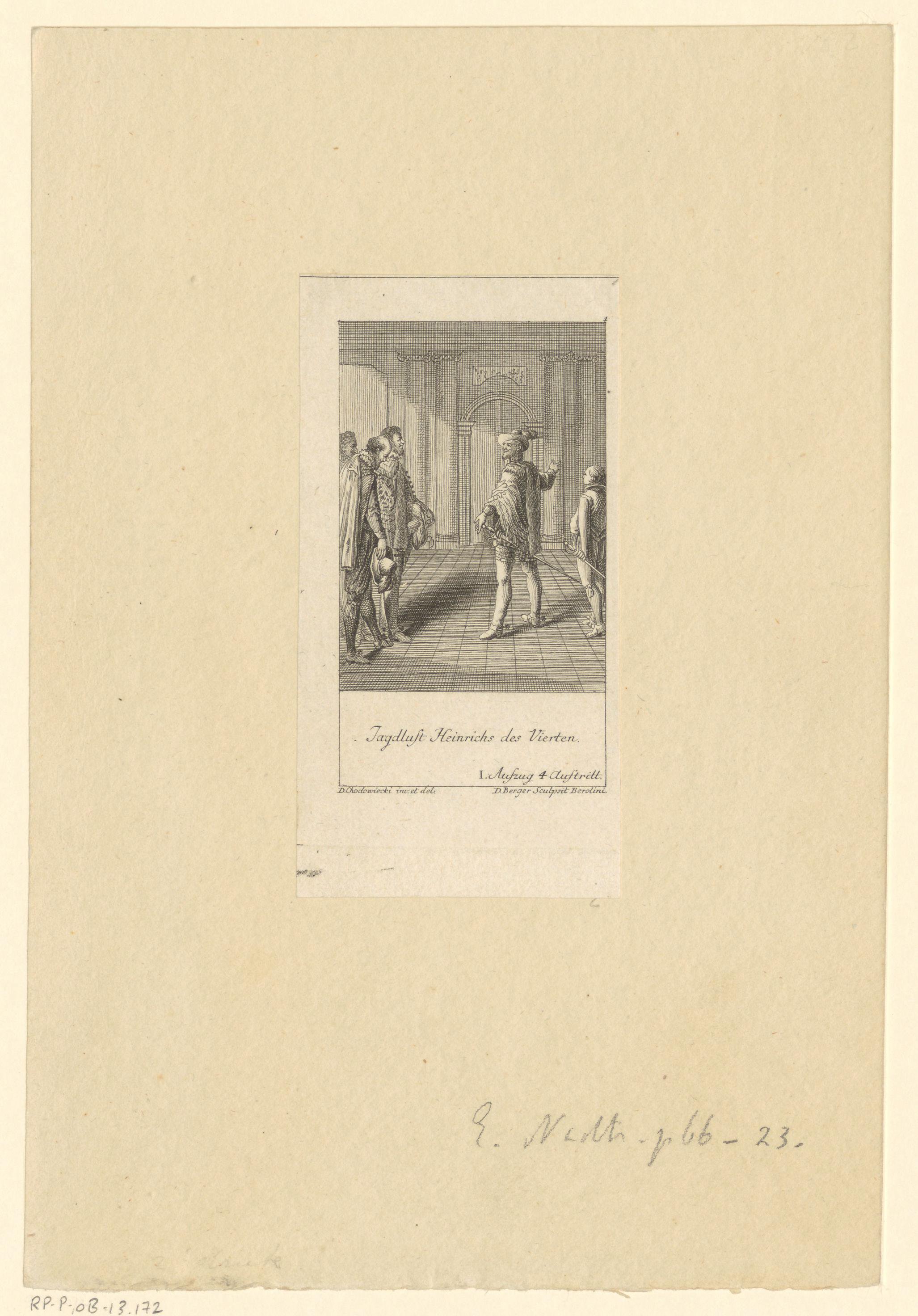 Hendrik IV in jachtkostuum met edelen in een hal