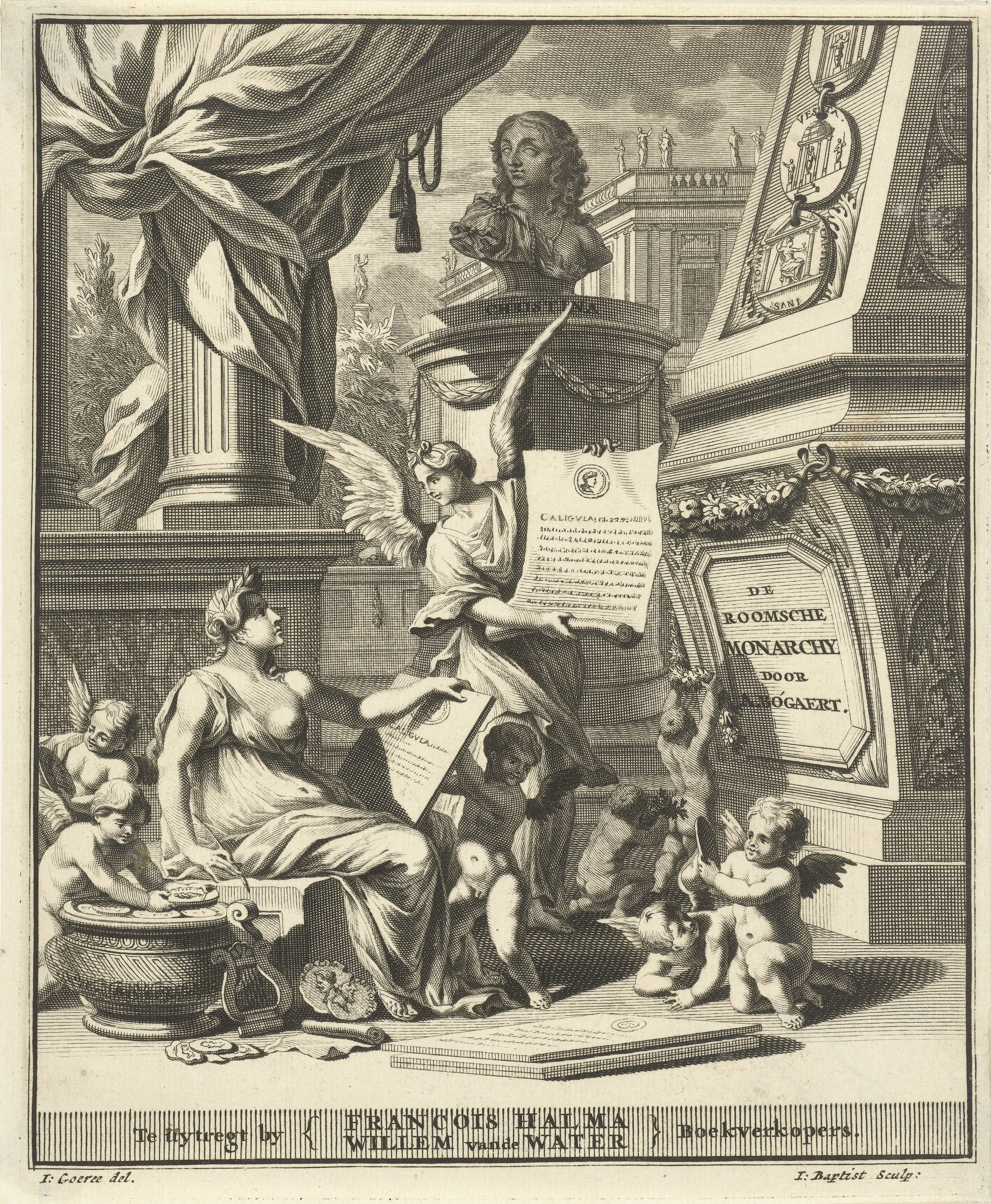 Titelpagina voor A. Bogaert, De roomsche monarchy, vertoont in de muntbeelden der westersche en oostersche keizeren, Utrecht 1697