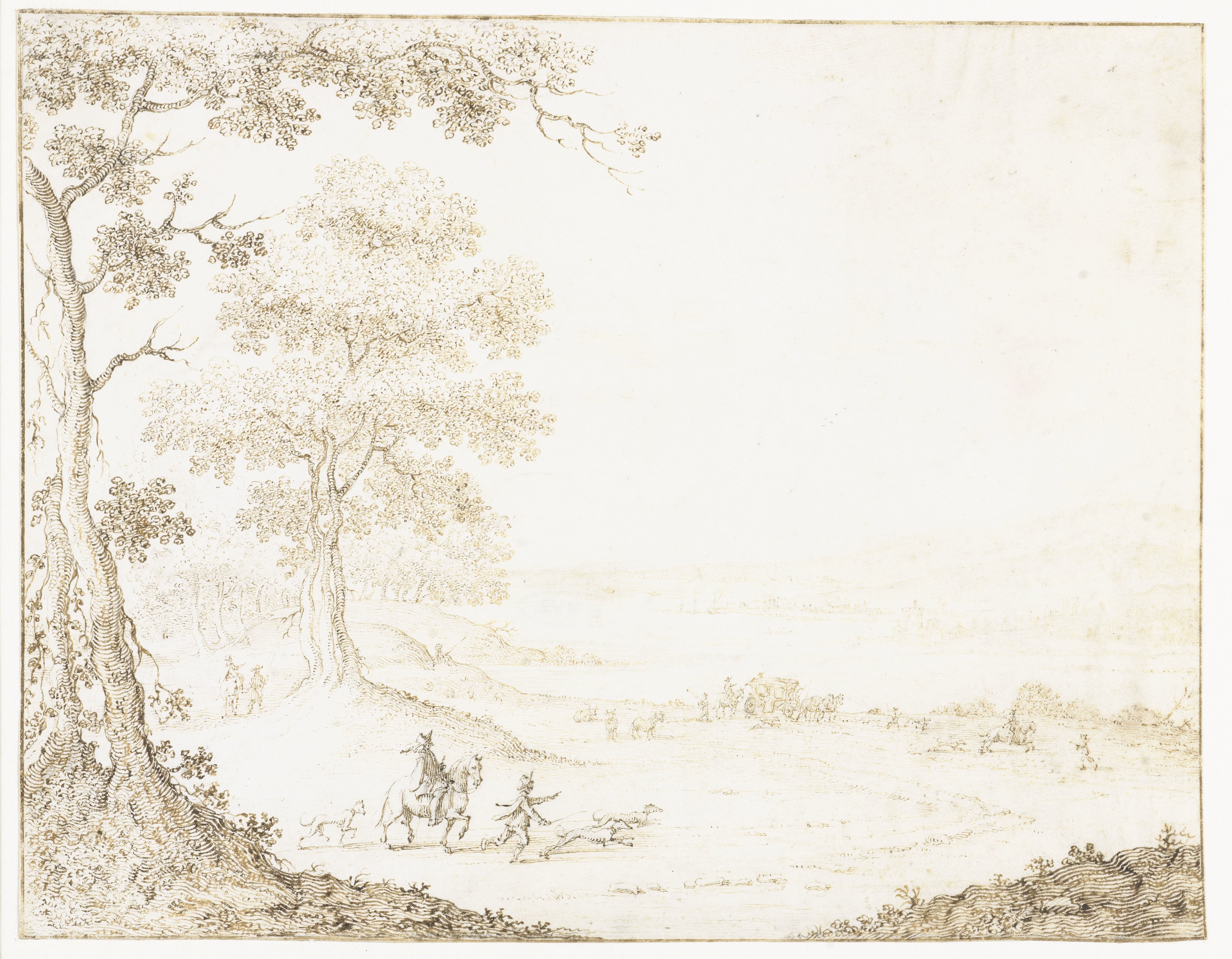 Koets en ruiters in een landschap aan een breed water