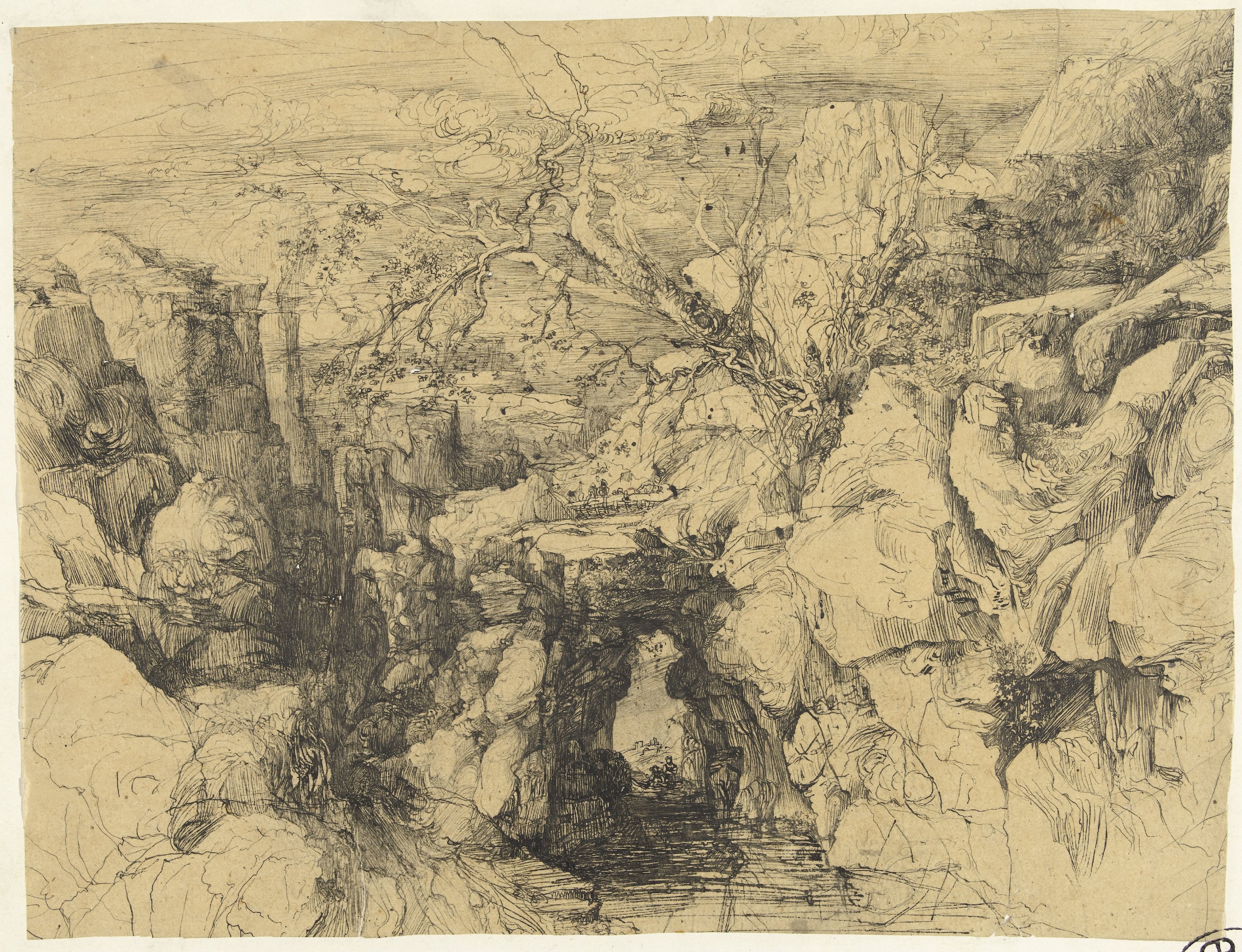 Landschap met rotsen en stenen brug over bergstroom
