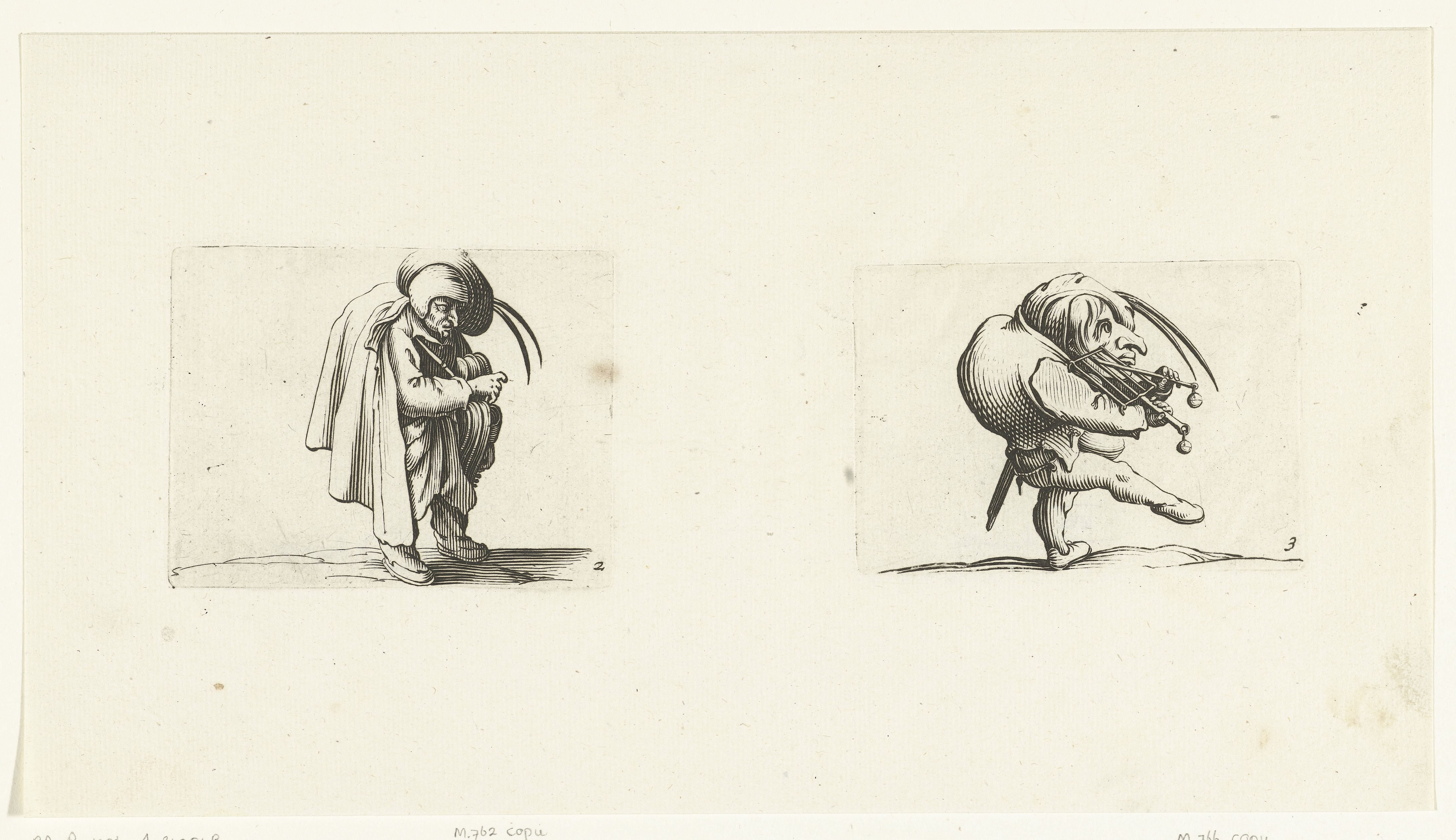 Groteske figuur met draailier; kleine mens (karikatuur) met rooster en zwaard