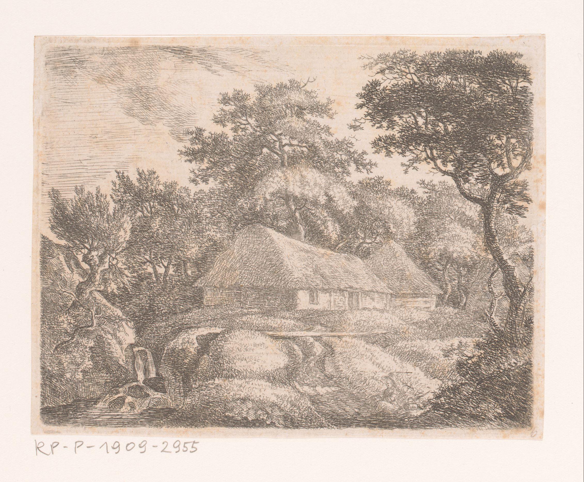 Landschap met waterval en boerderij