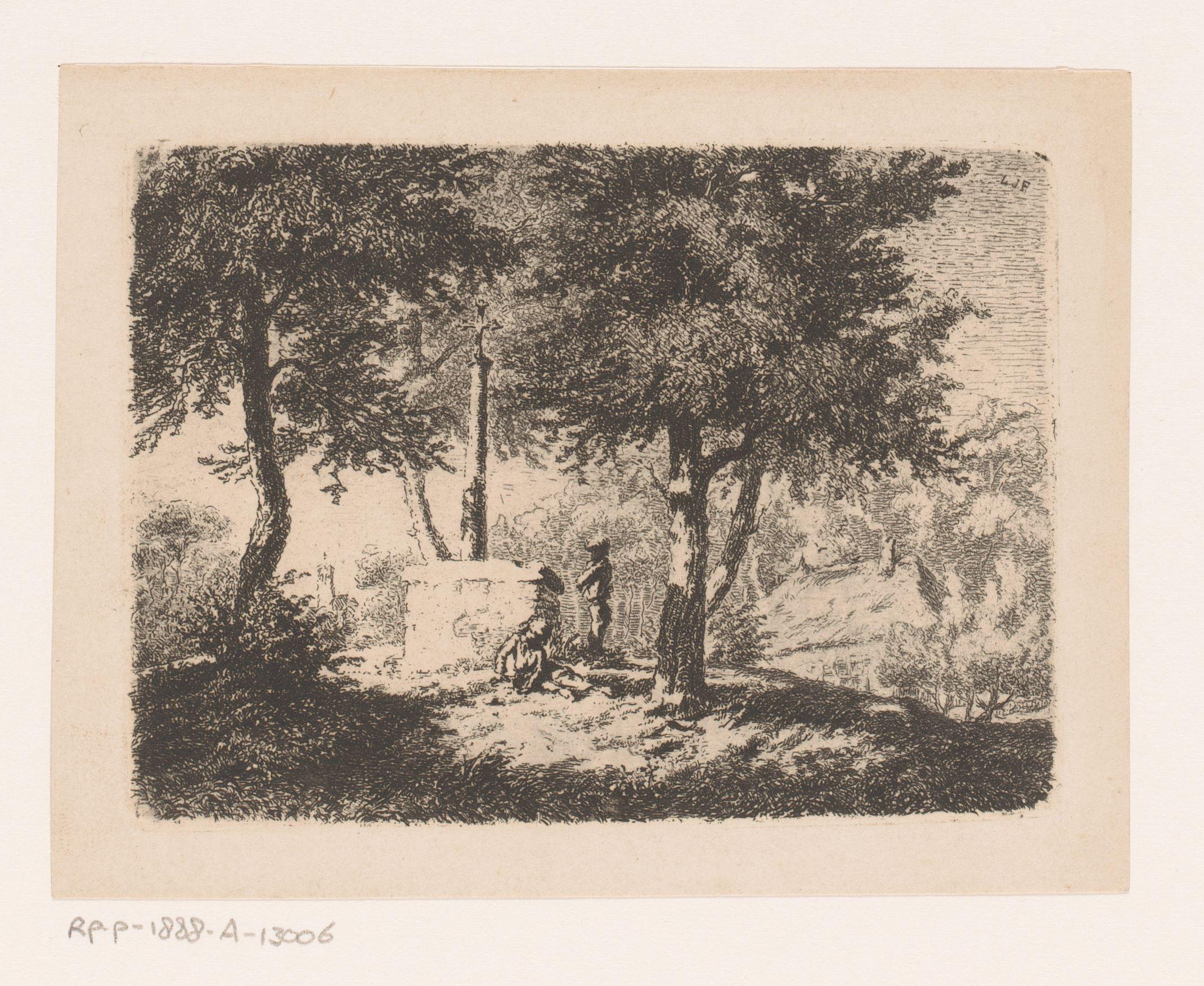 Twee kinderen bij een hagelkruis in het landschap
