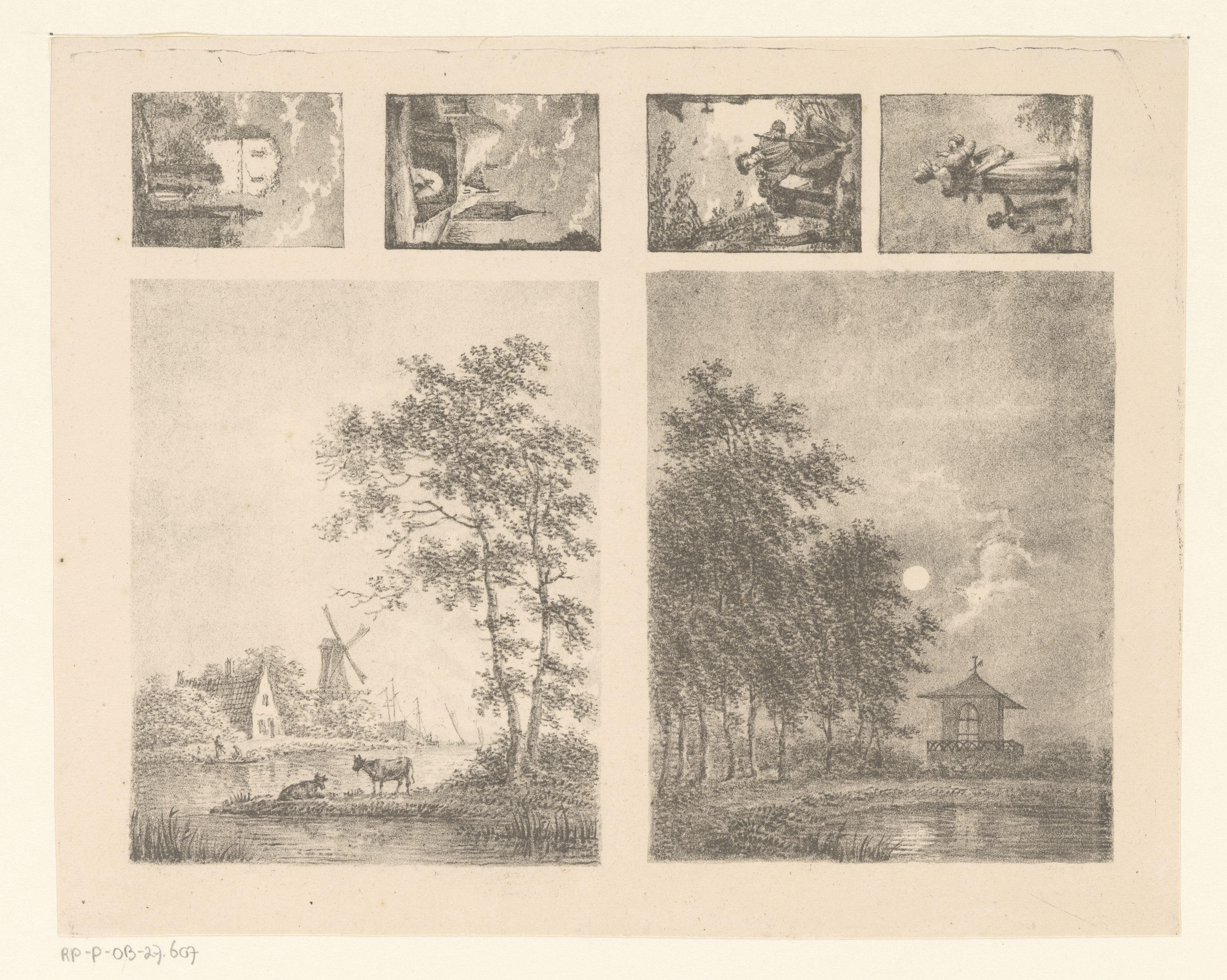 Zes voorstellingen waaronder landschappen, stadsgezichten en figuren.