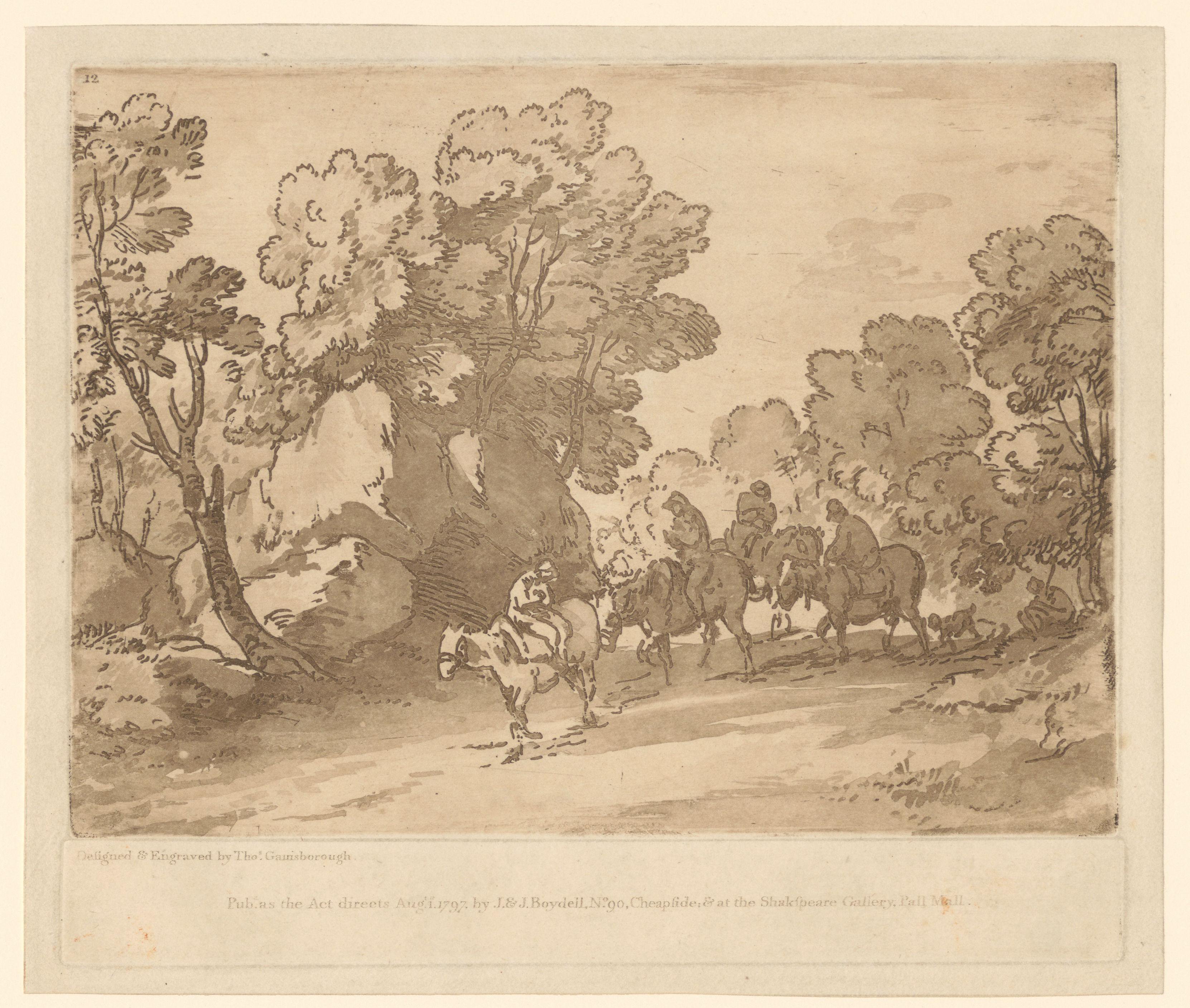 Landschap met vier ruiters op een bospad