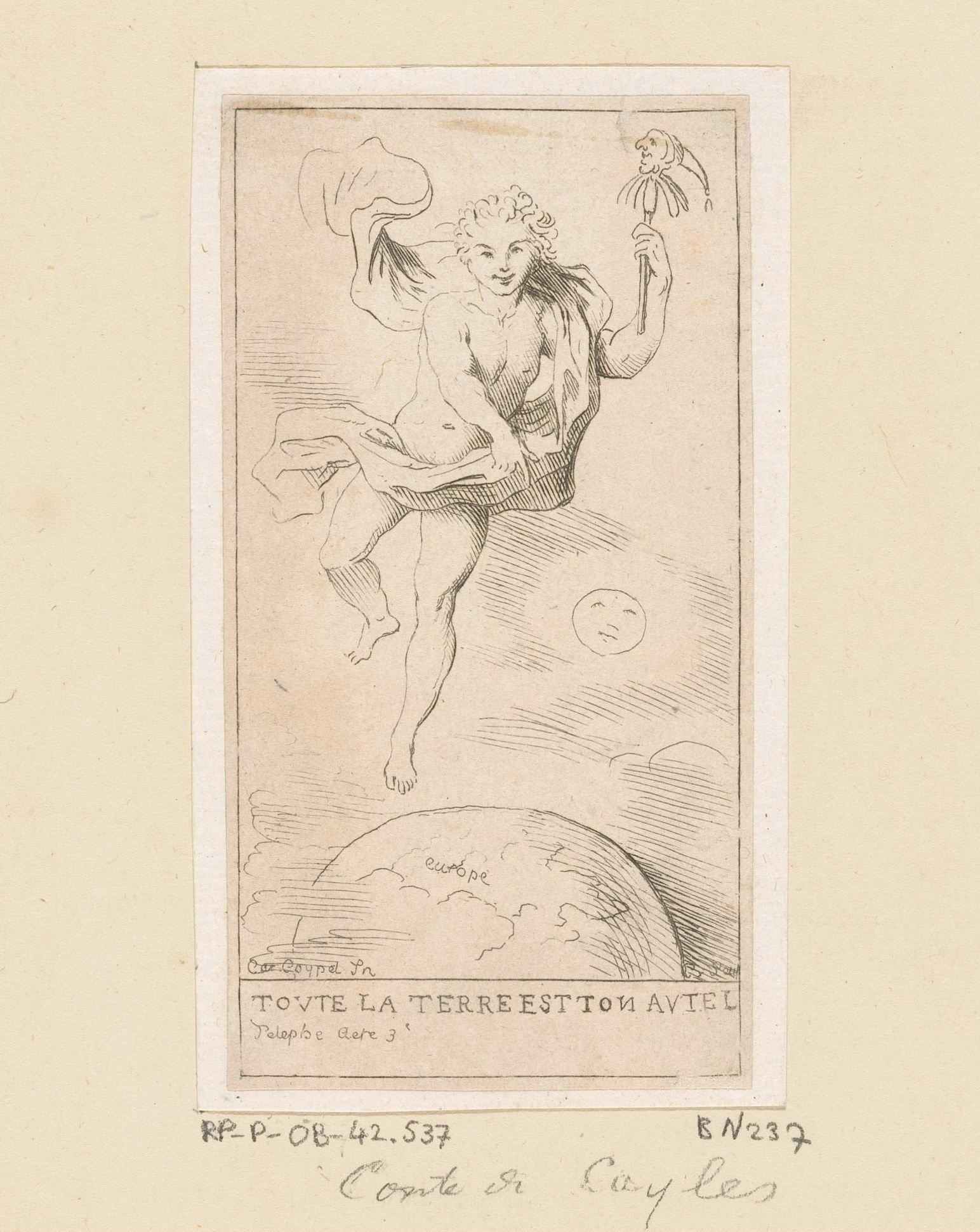 Amor met een zotskop in de hand boven een wereldbol zwevend