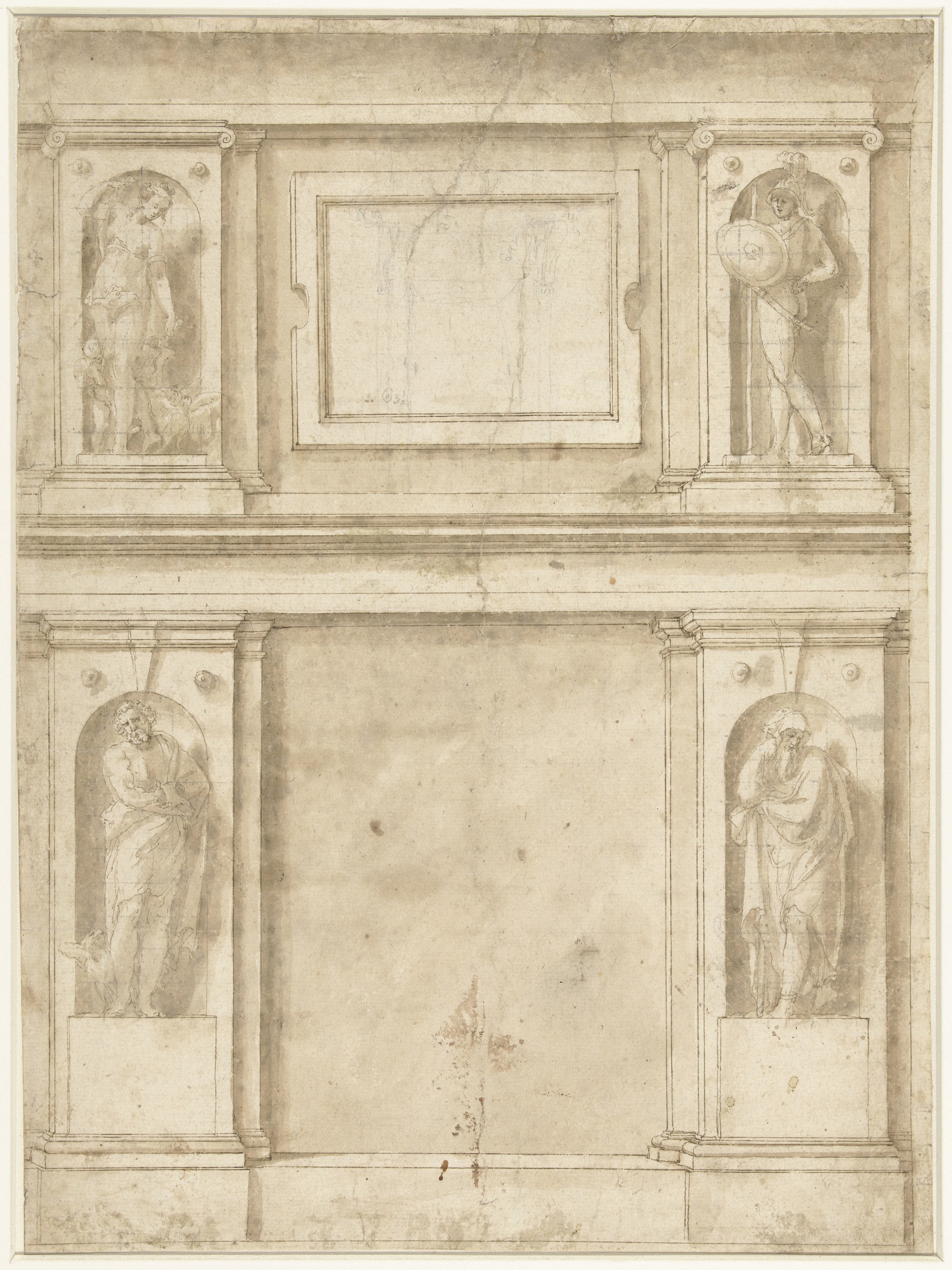 Ontwerp voor de indeling van een muurvlak, met beelden van Mars en Venus, en Jupiter en Saturnus (?)