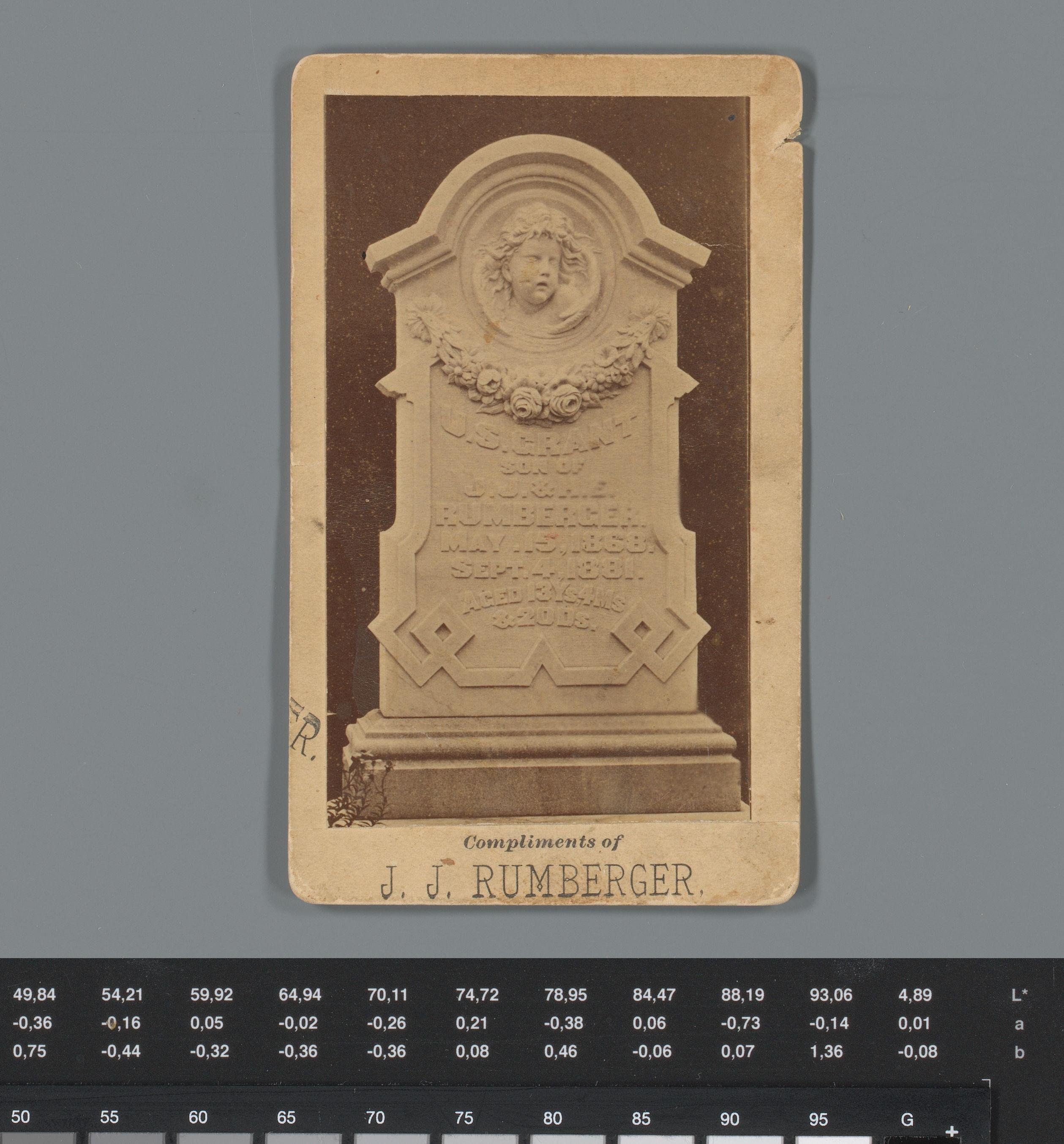 Reclame voor marmer en graniet van J.J. Rumberger met gezicht op een grafsteen met de naam U.S. Grant