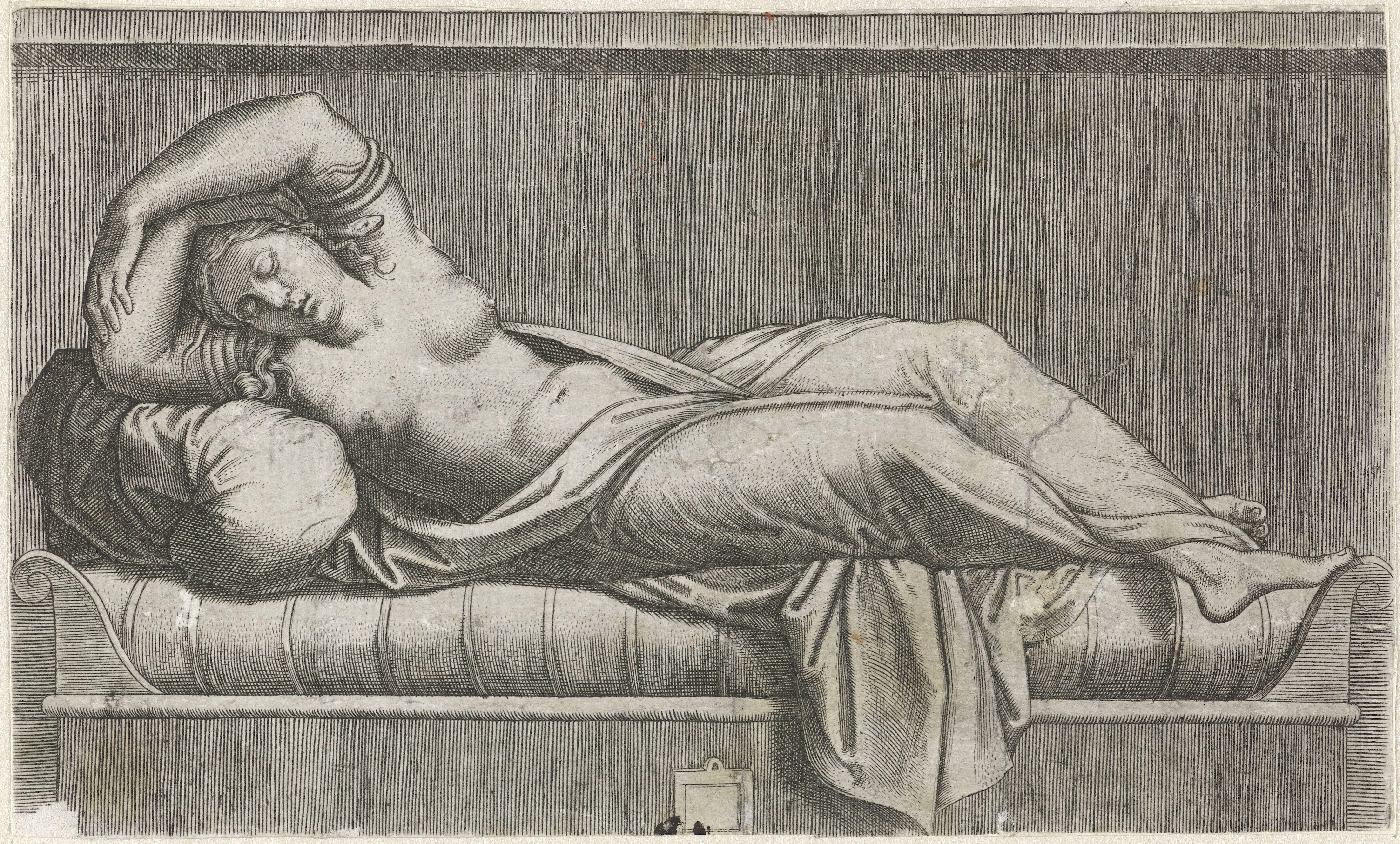 Cleopatra halfnaakt liggend op bed