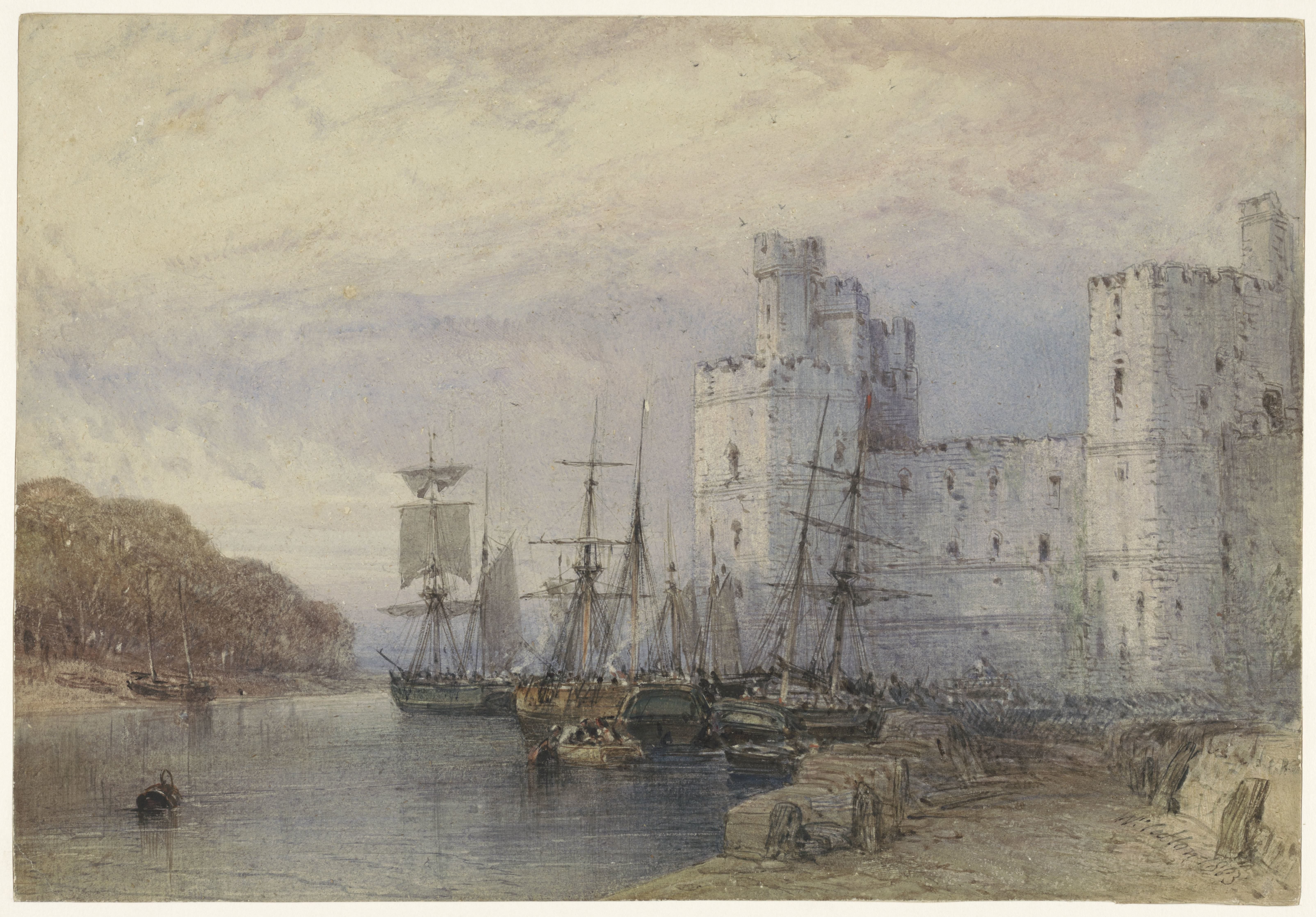 Landschap met schepen voor Caernarvon Castle