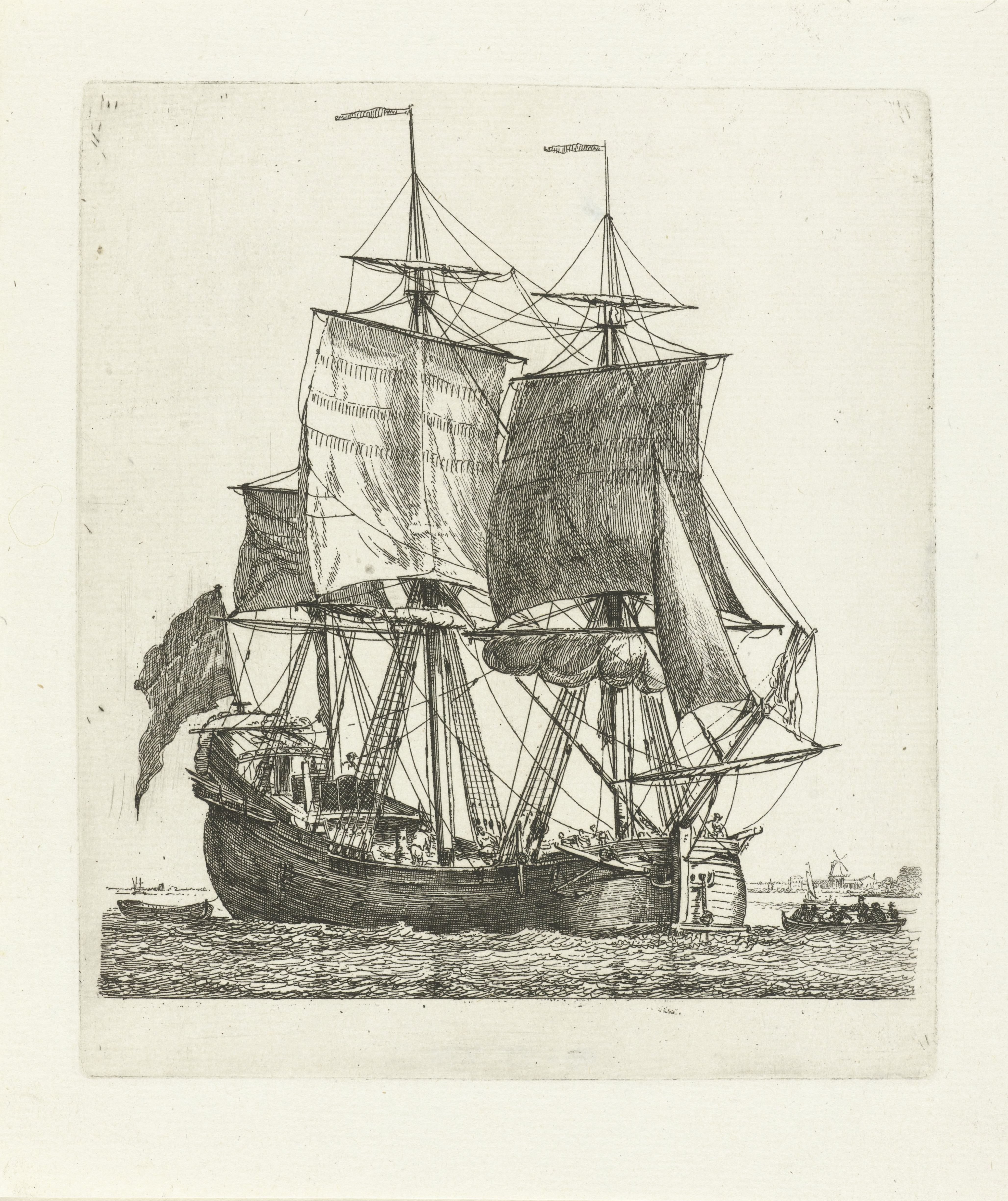 Driemaster met vlag en twee sloepen