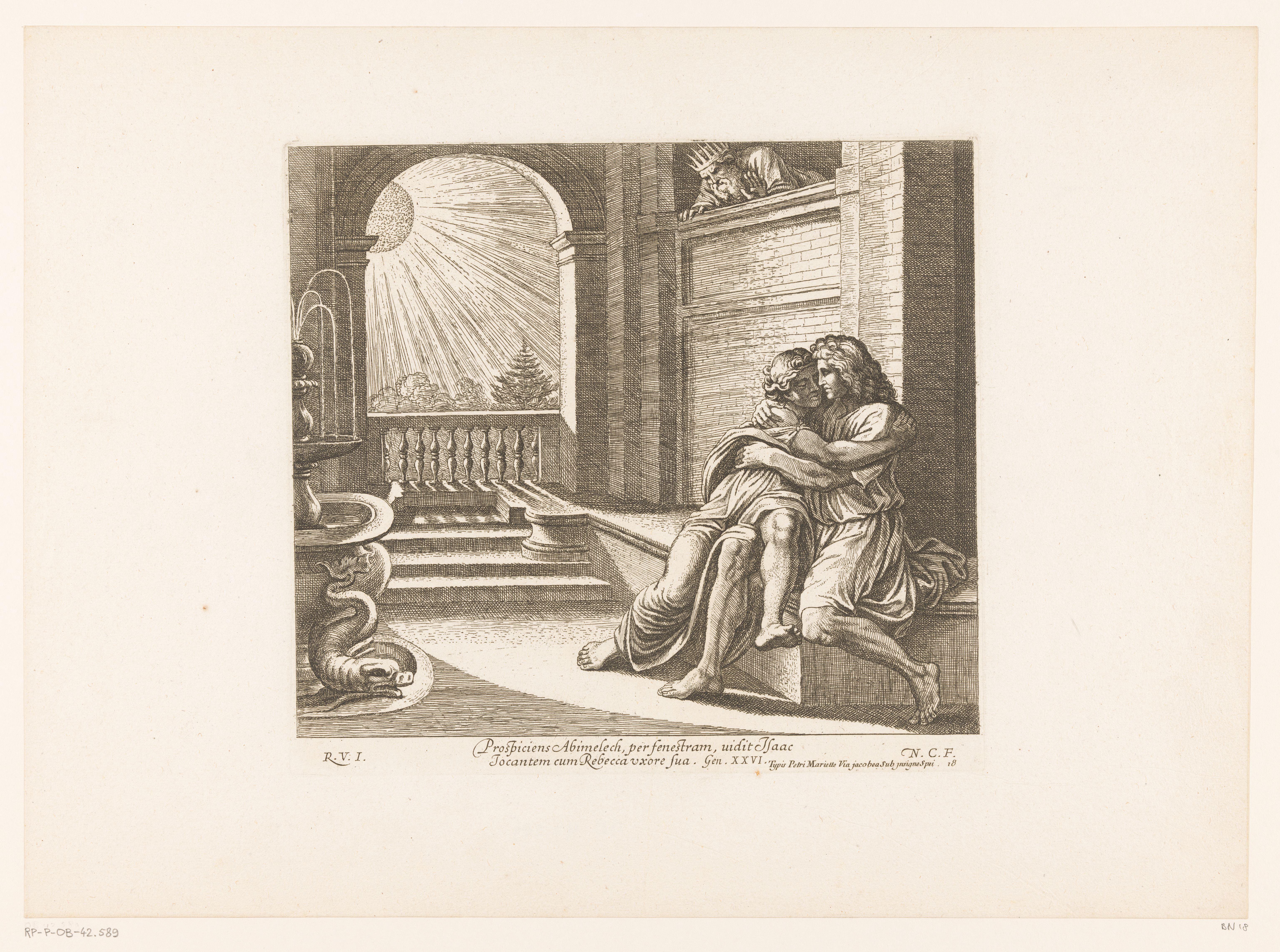 Isaak en Rebekka bespied door Abimelech