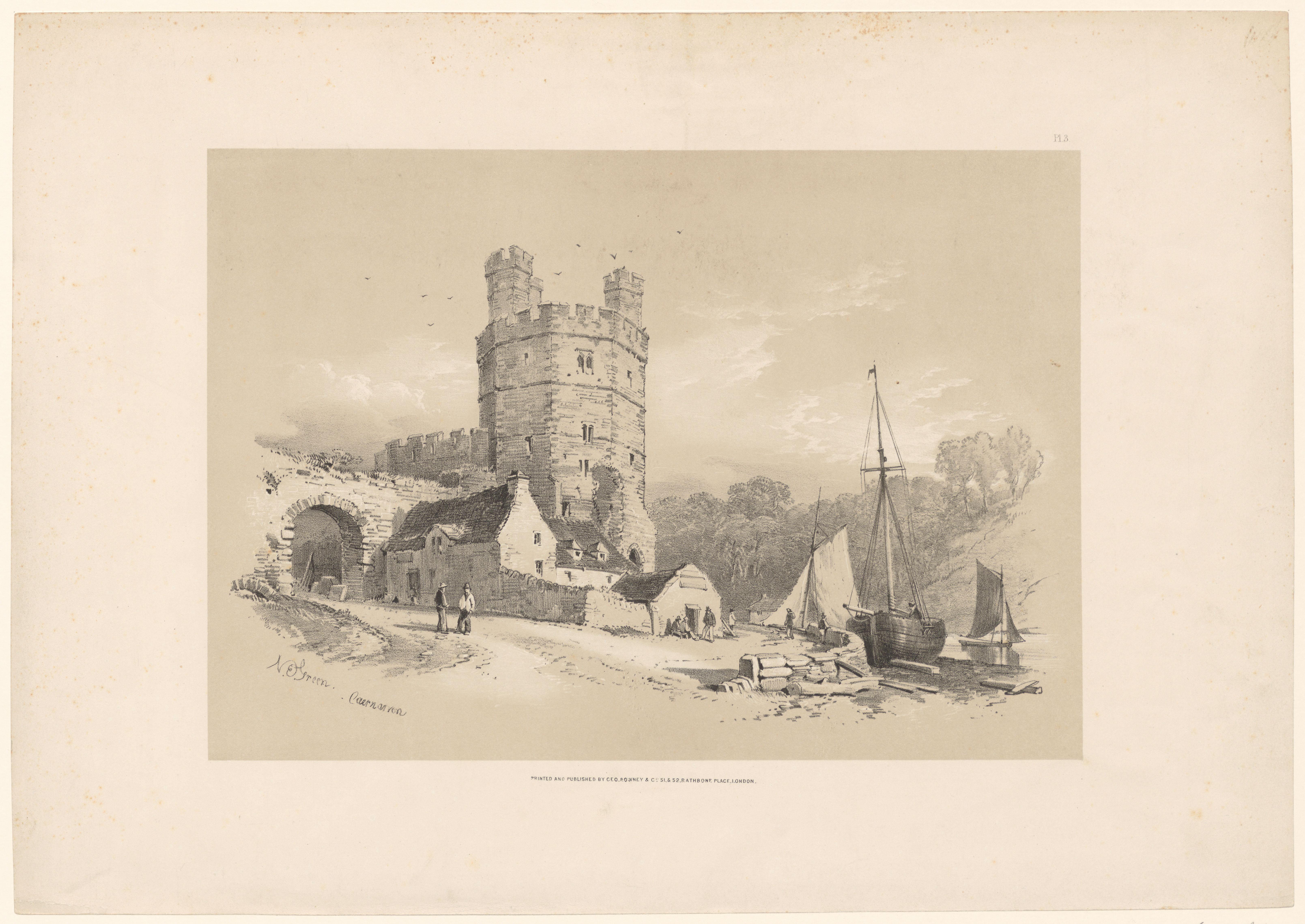 Gezicht op een ruïne te Caernarvon