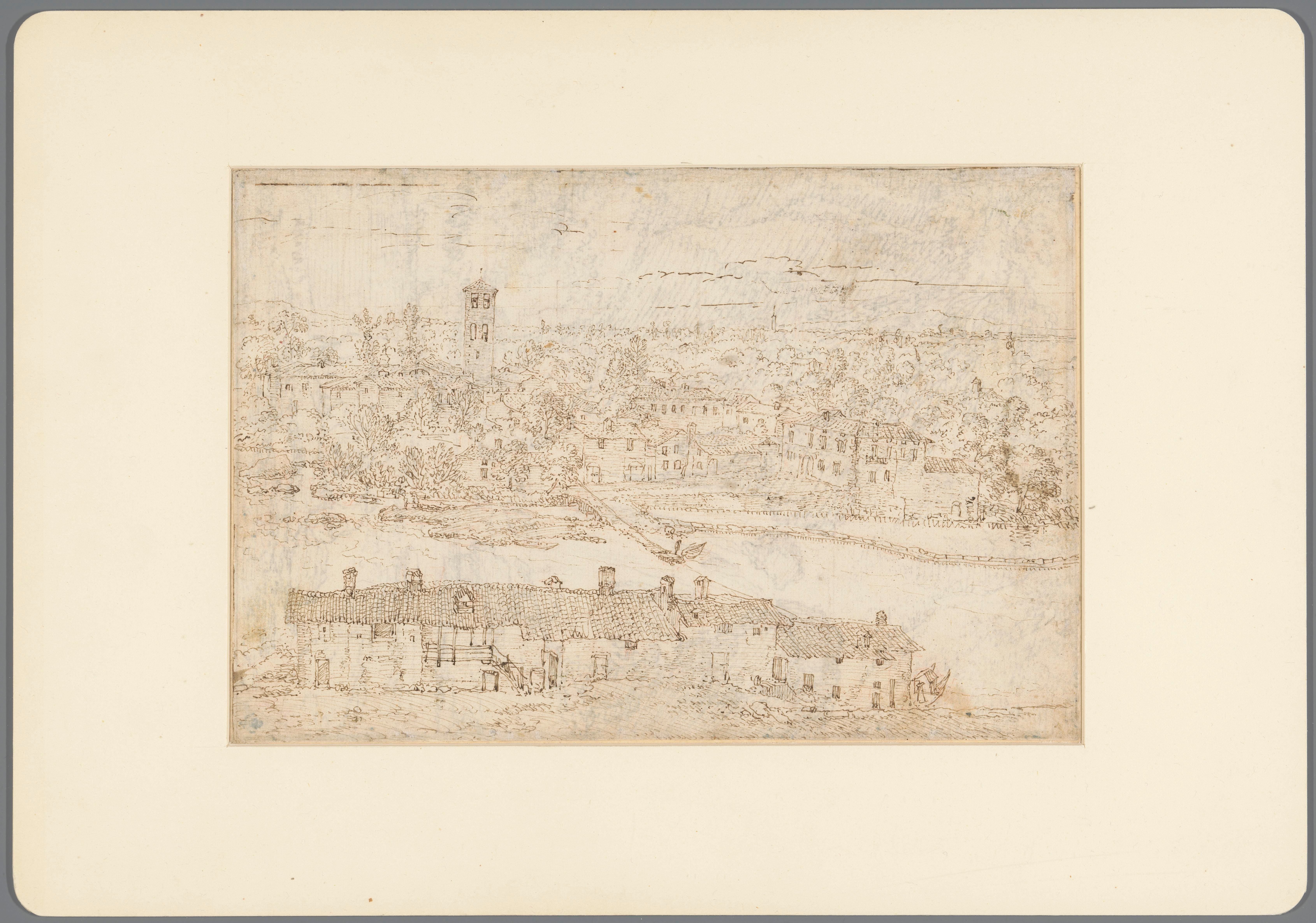 Landschap met gezicht op dorp aan rivier