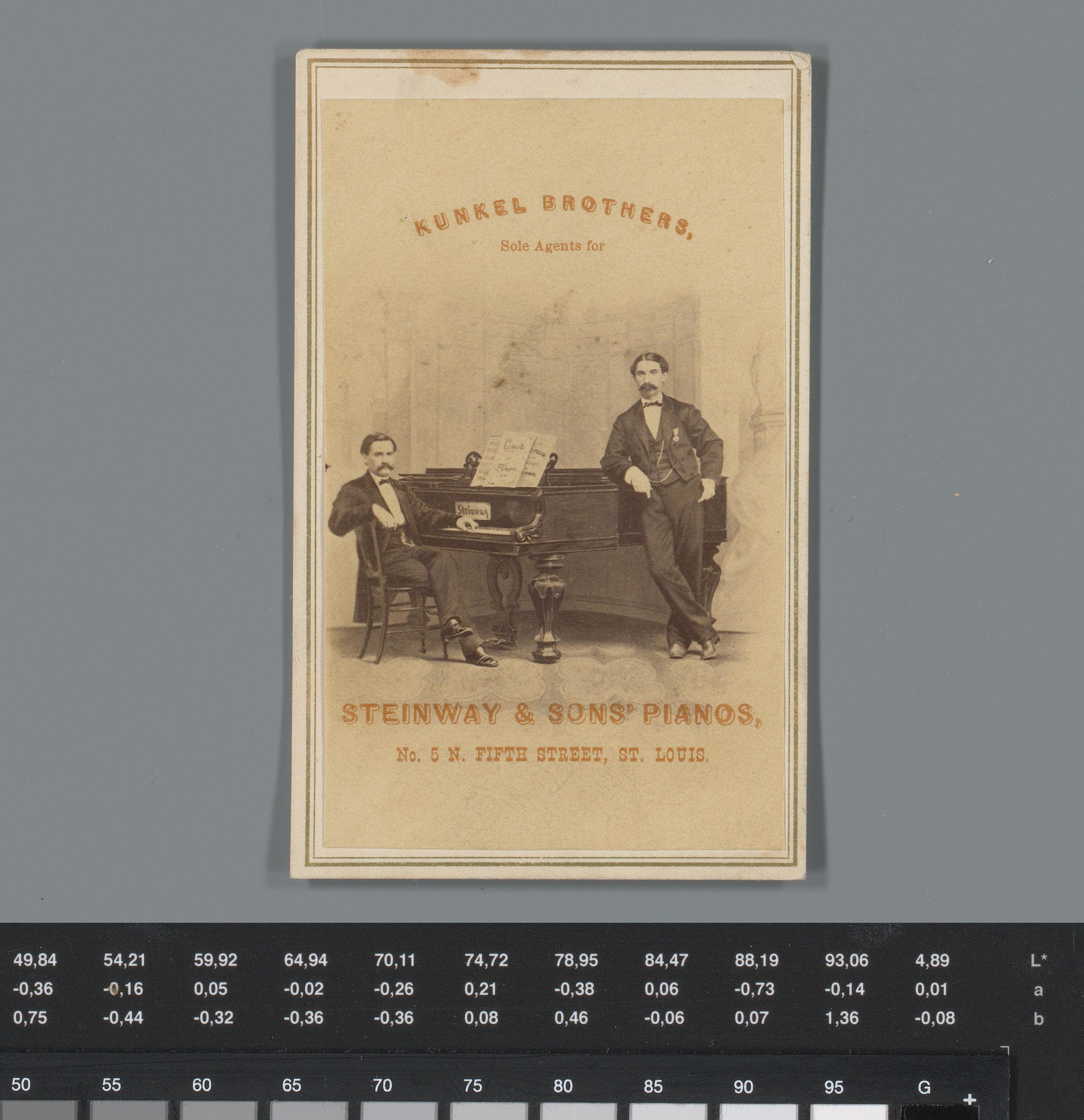 Reclame voor Steinway & Sons' piano's te Saint Louis met portret van twee onbekende mannen bij een piano