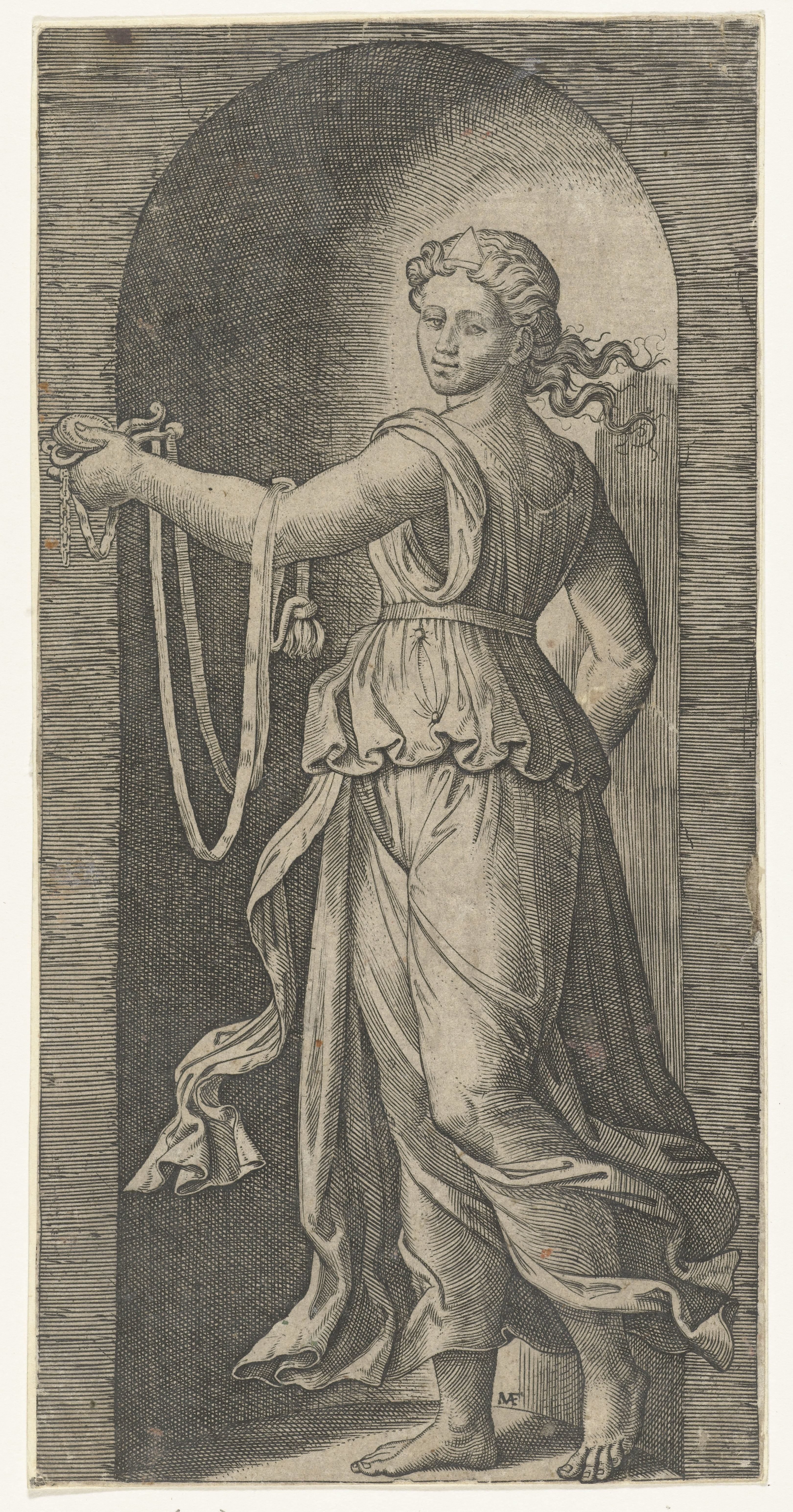 Vrouw als personificatie van Matigheid (Temperantia) met breidel staand in nis