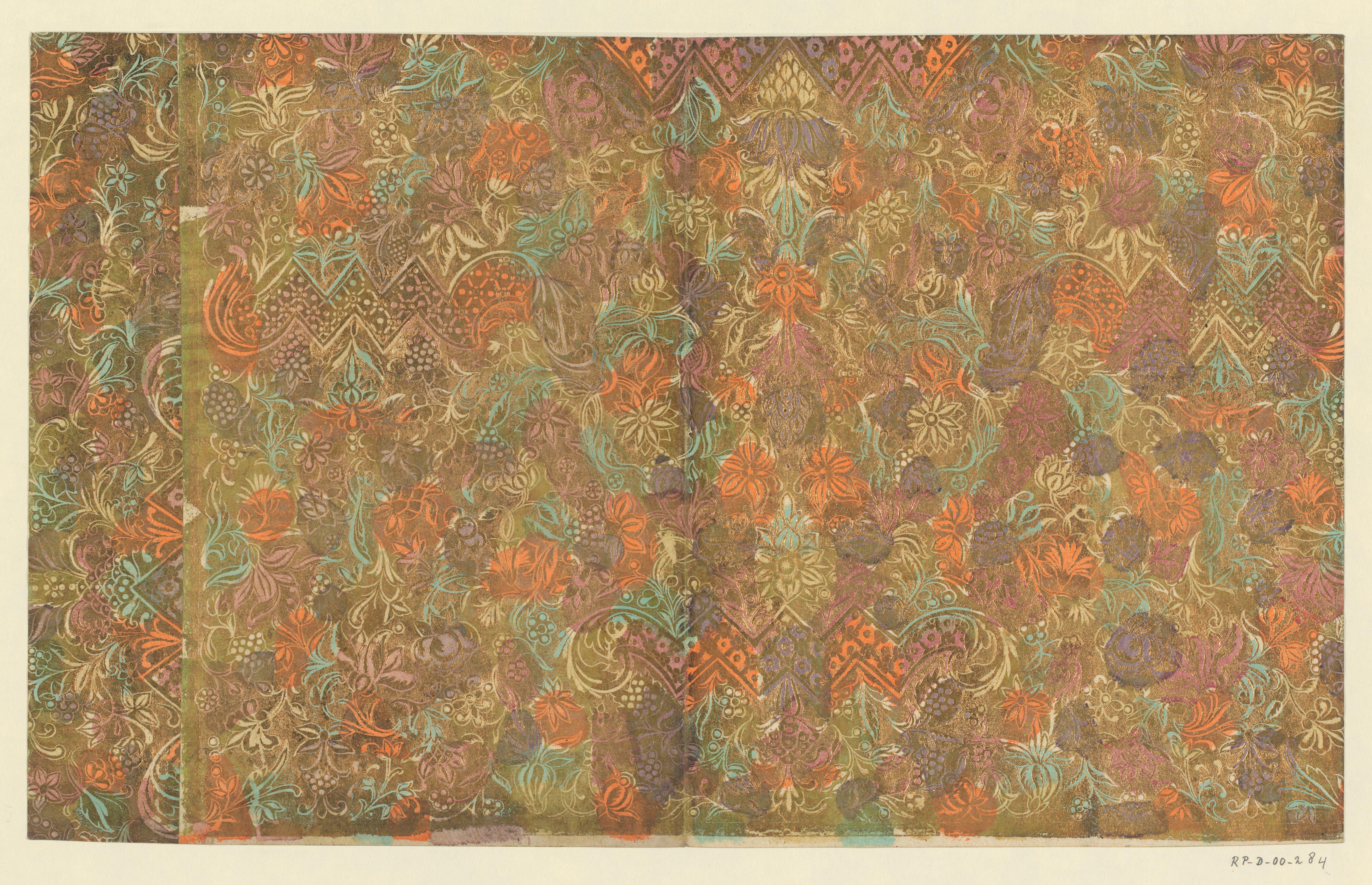 Blad met ranken met bloemen, vruchten en zigzag bandwerk