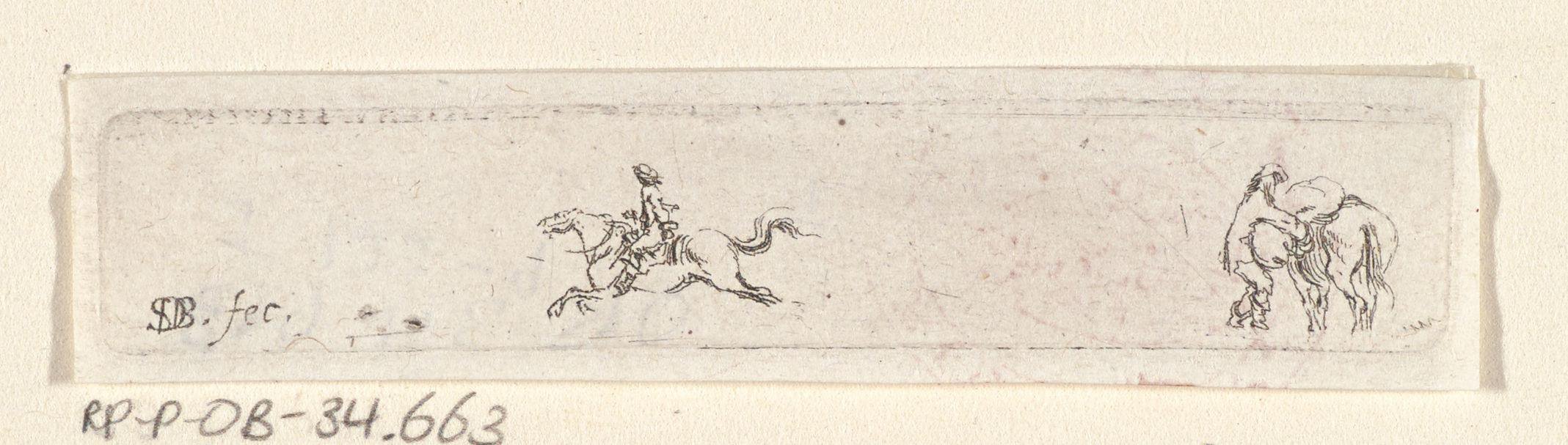 Ruiter te paard en een man die een paard bepakt
