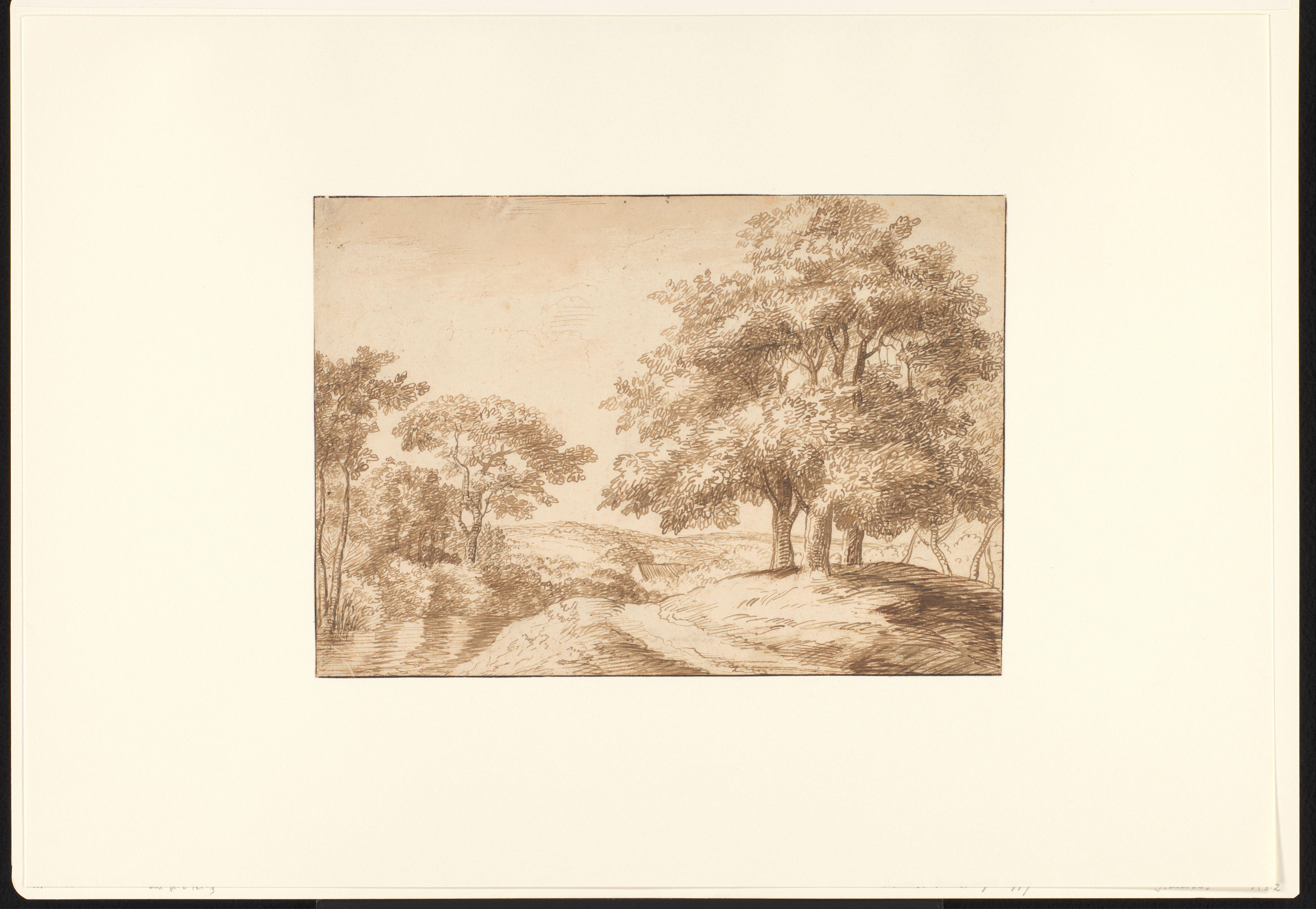 Landschap met rechts drie bomen