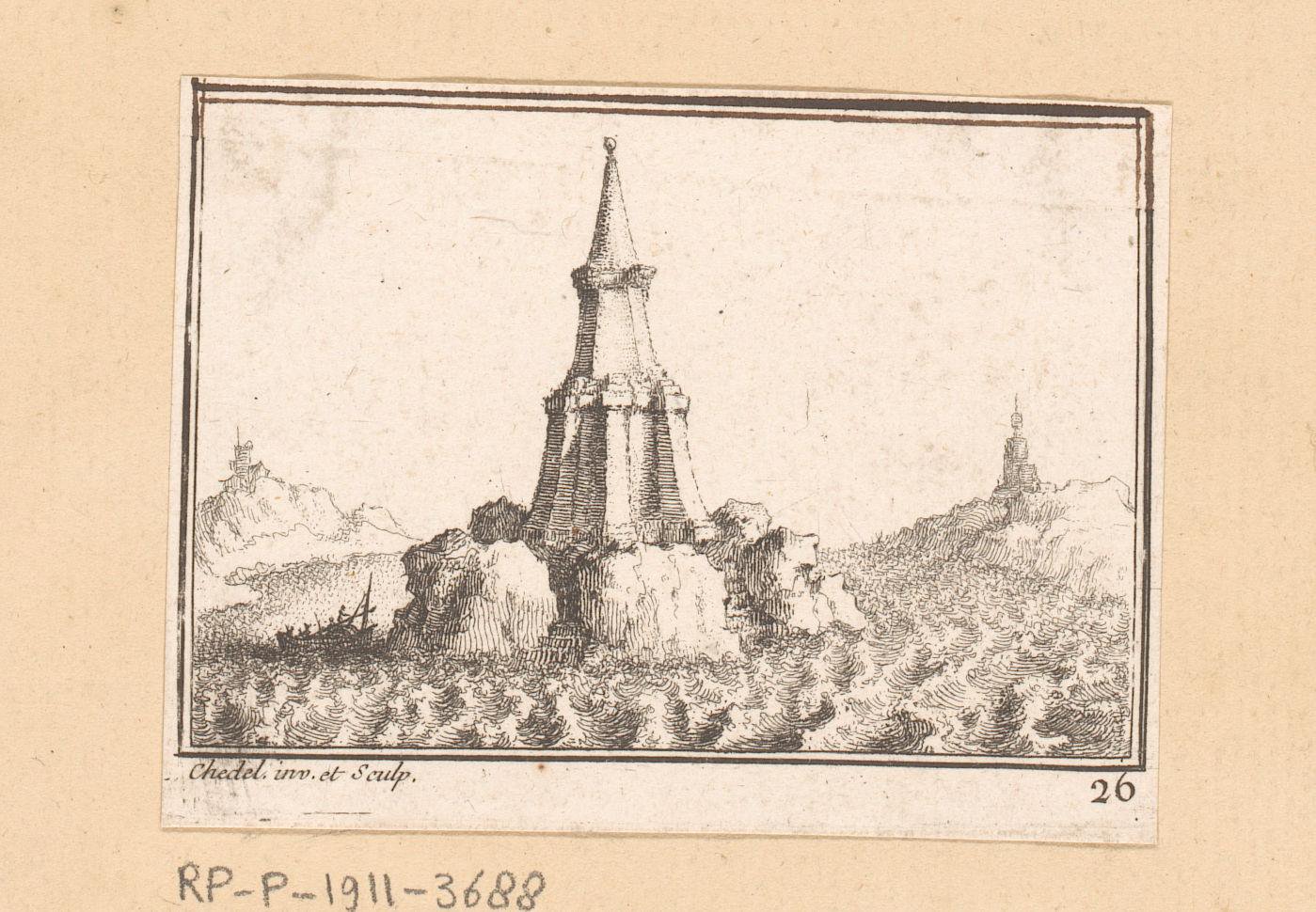 Landschap met een boot bij een spitsvormig monument in een meer