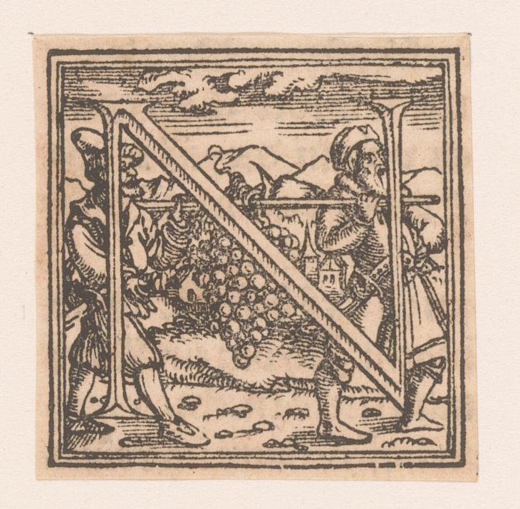 Letter N: Jozua en Kaleb met druiventros