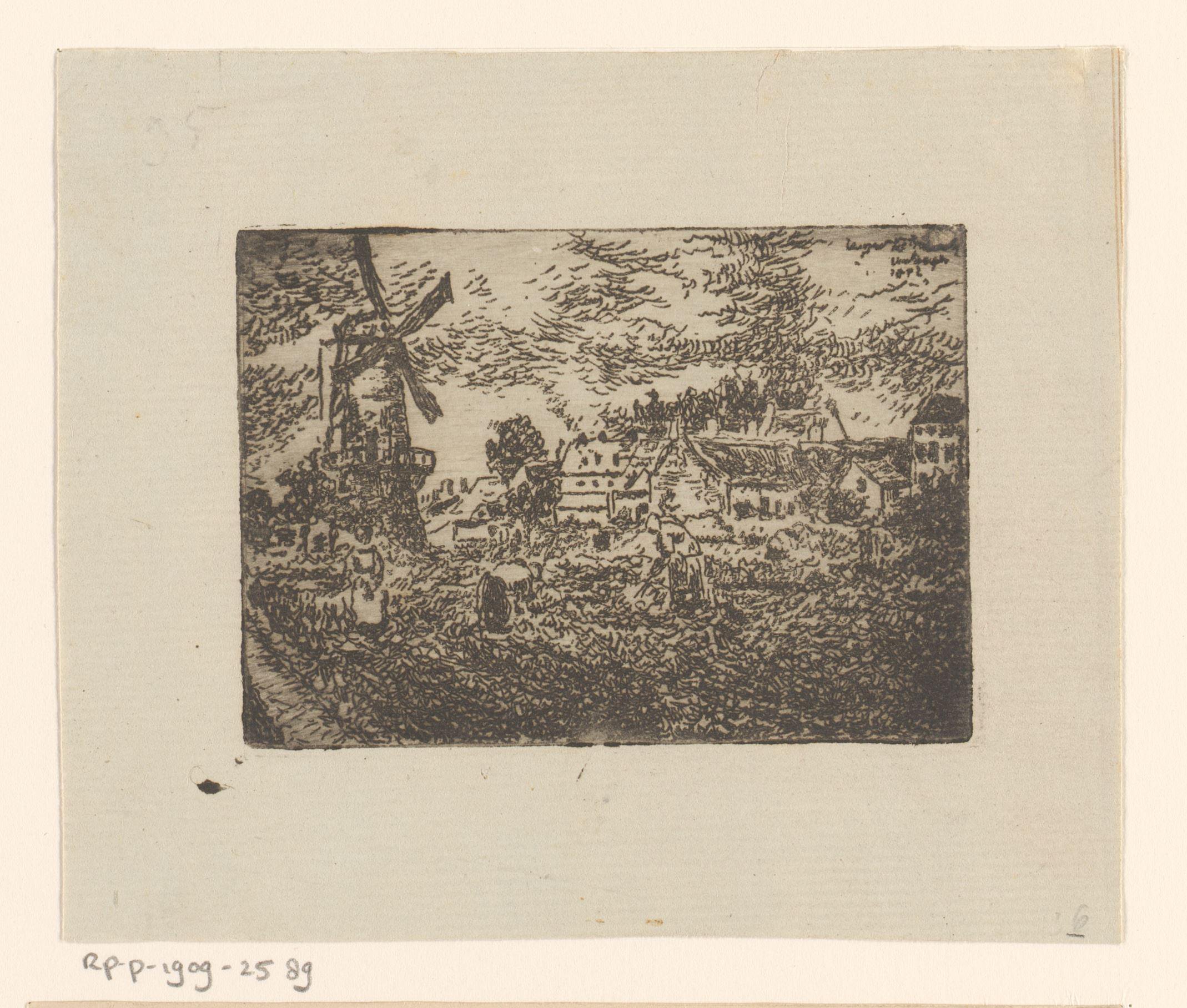 Landschap met molen en boeren aan het werk op het land