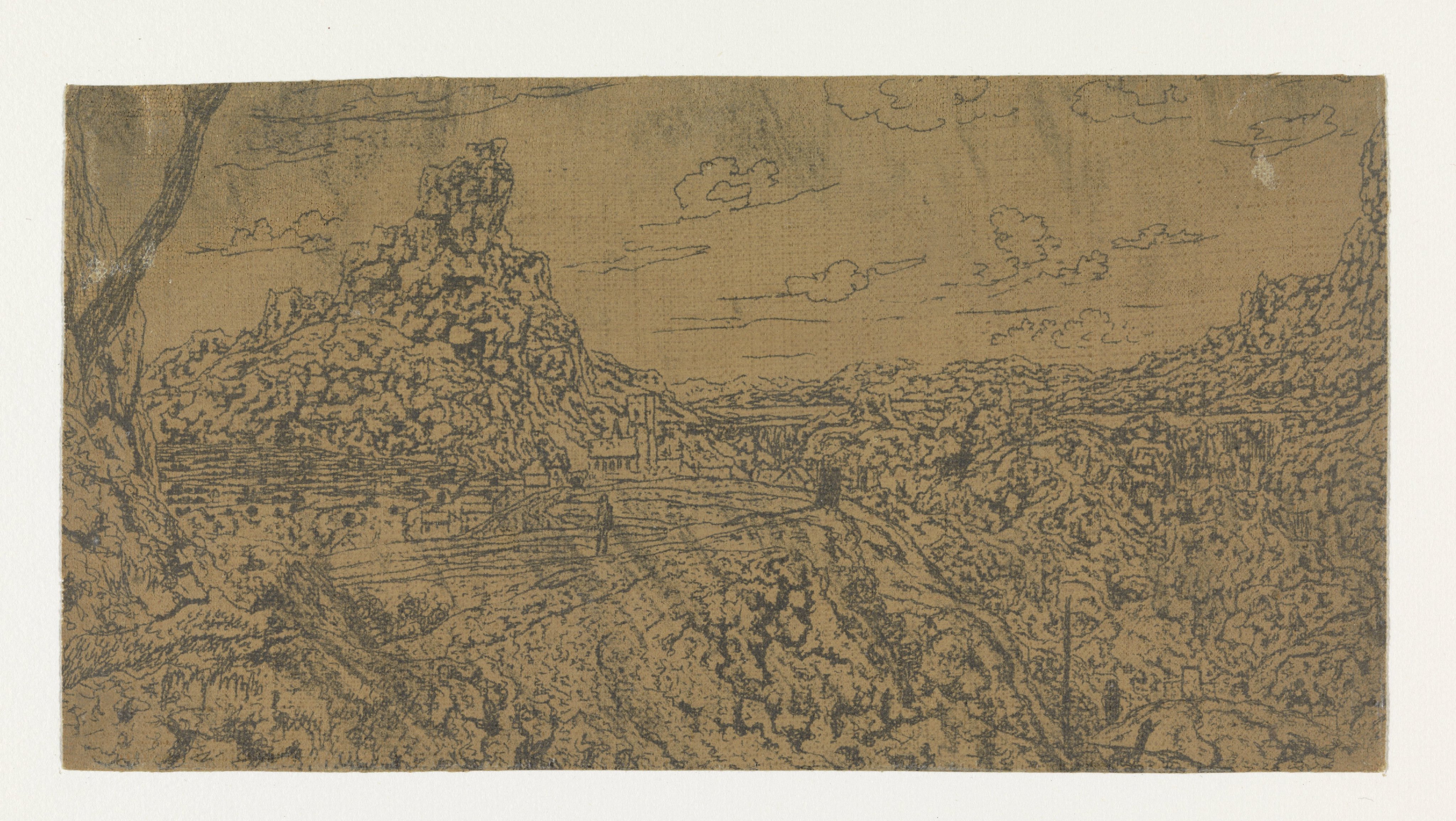 Berglandschap met een puntige rots, eerste versie