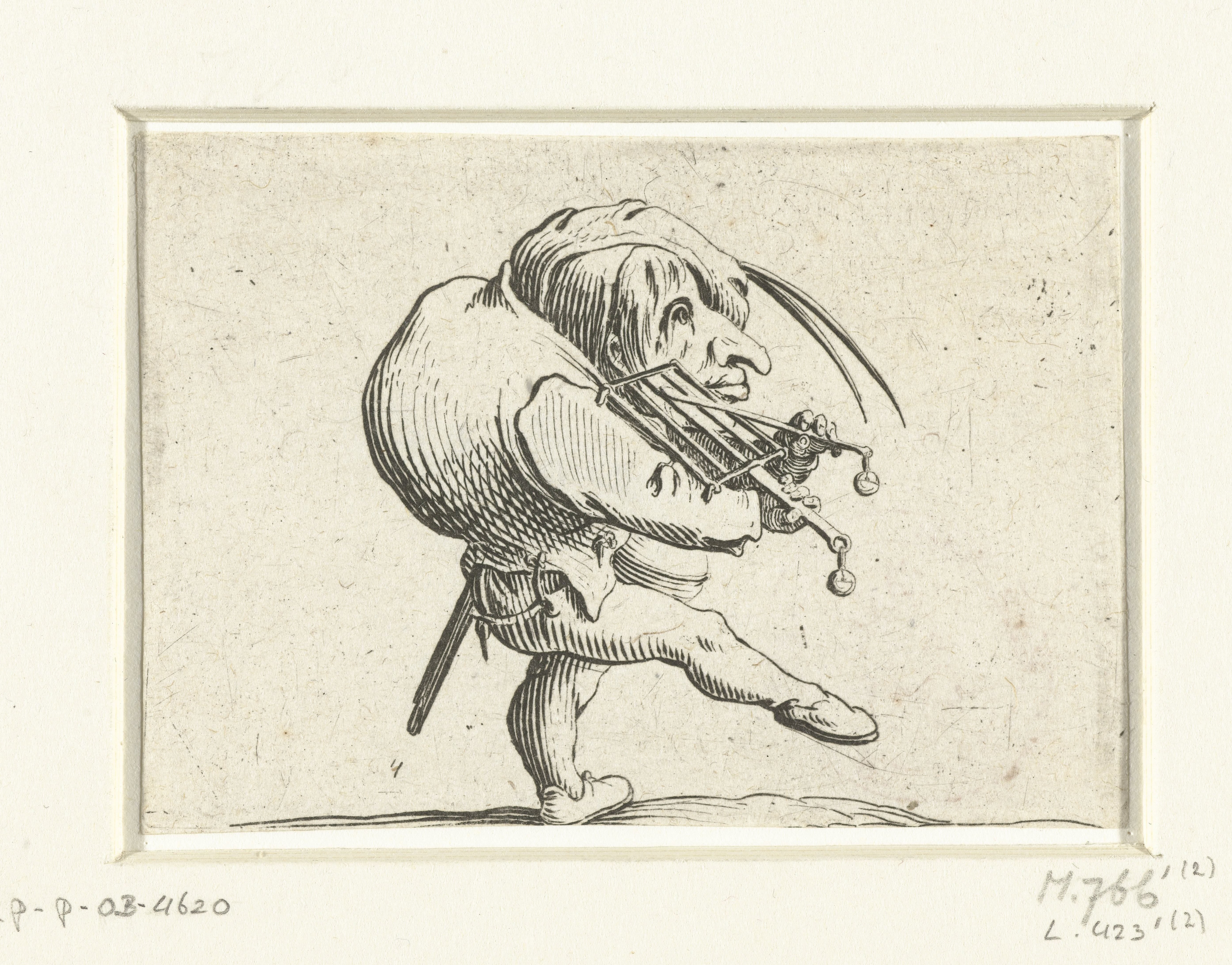 Kleine mens (karikatuur) met rooster en zwaard