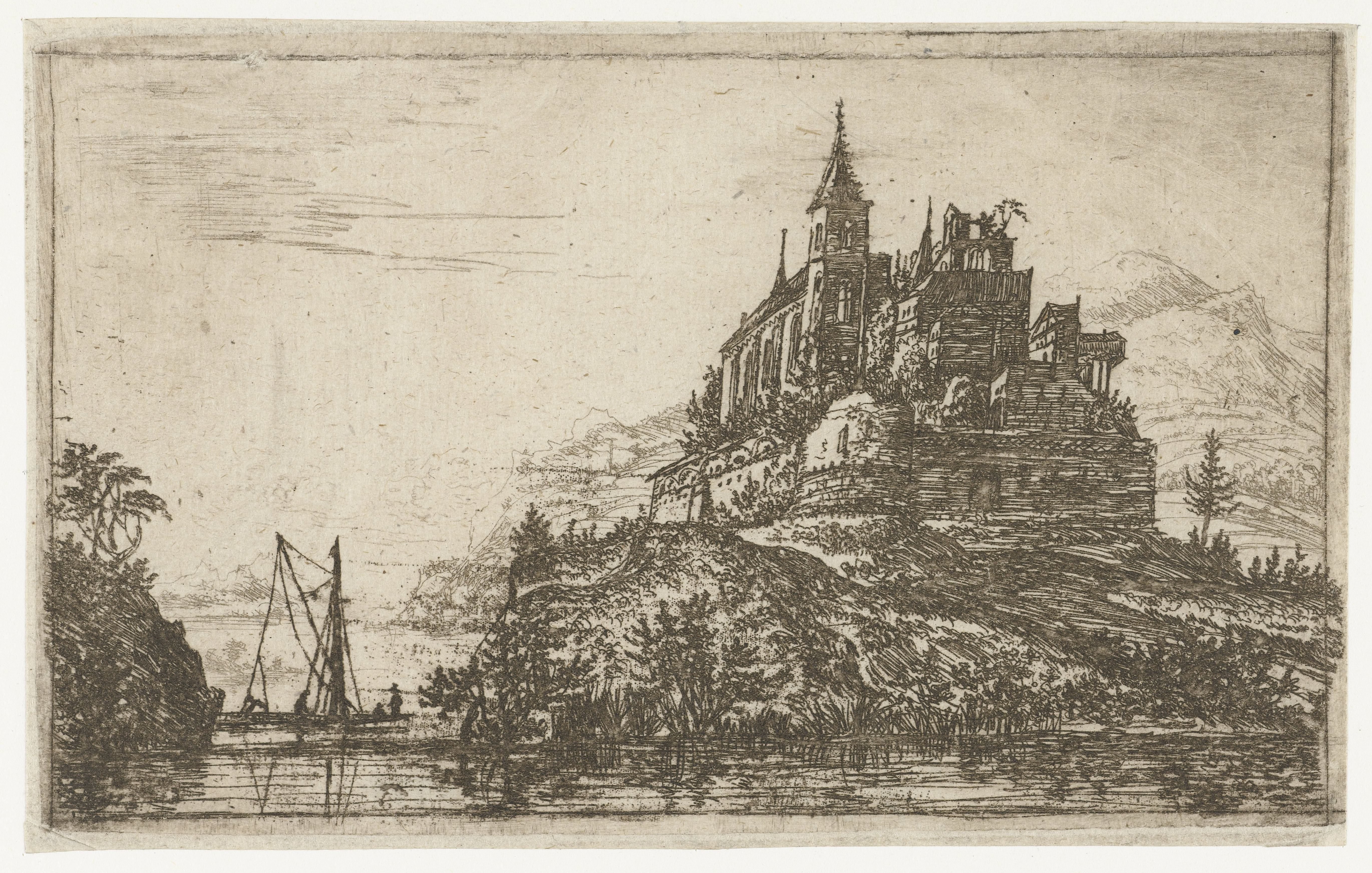 Landschap met een rivier en een kasteel op een heuvel