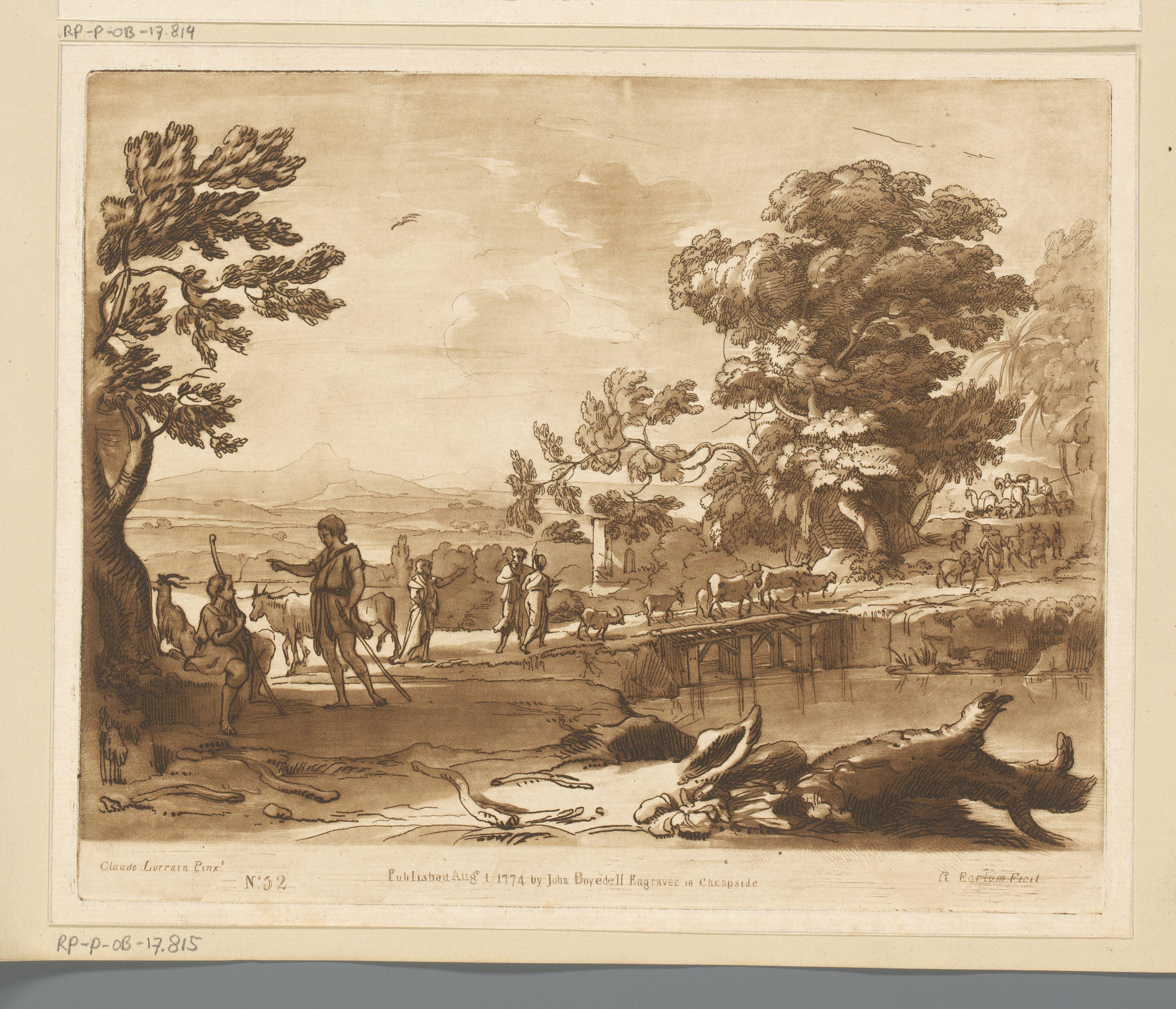 Landschap met rustende herders en vee lopend over een houten brug