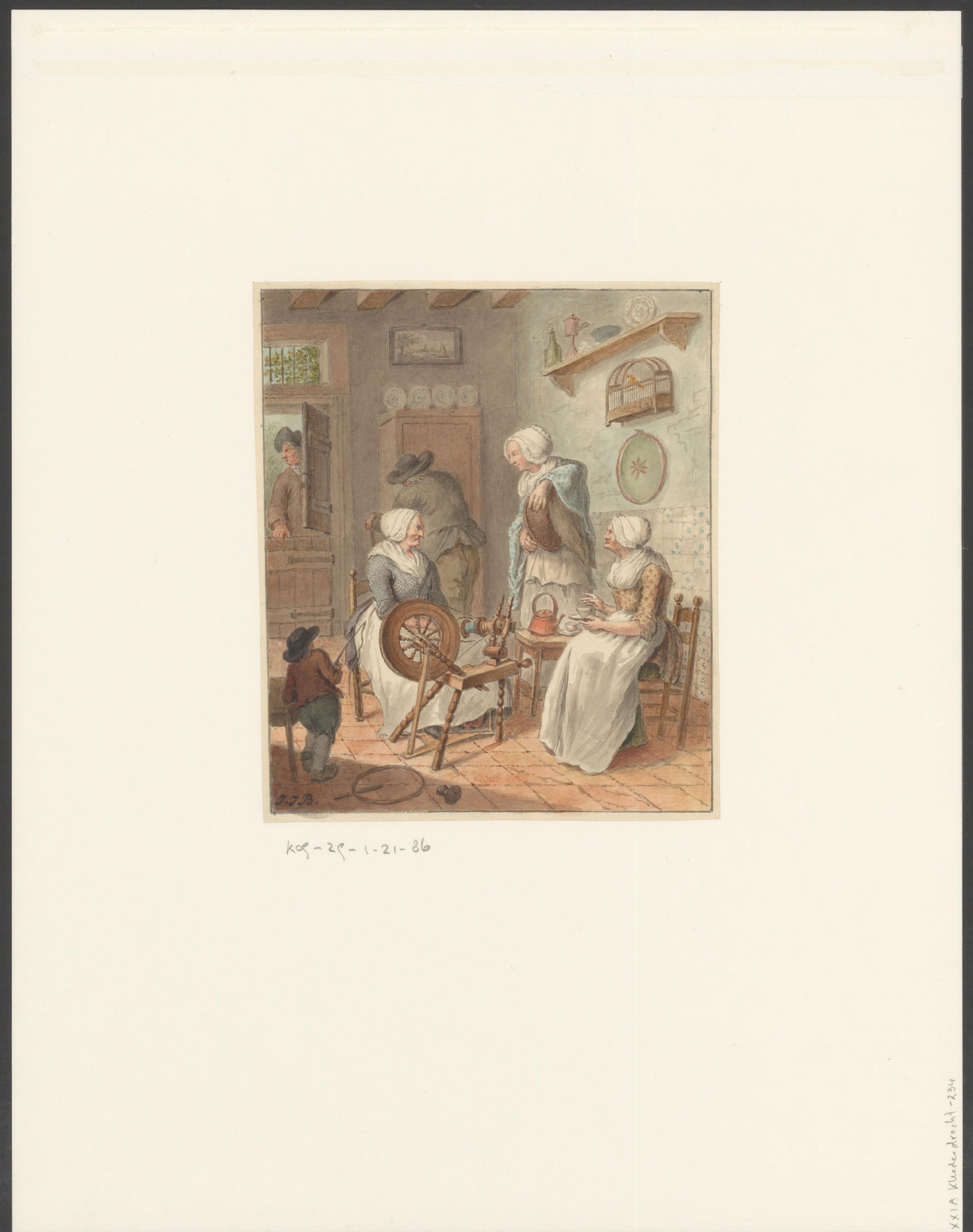 Huiskamer met drie vrouwen een man en een kind