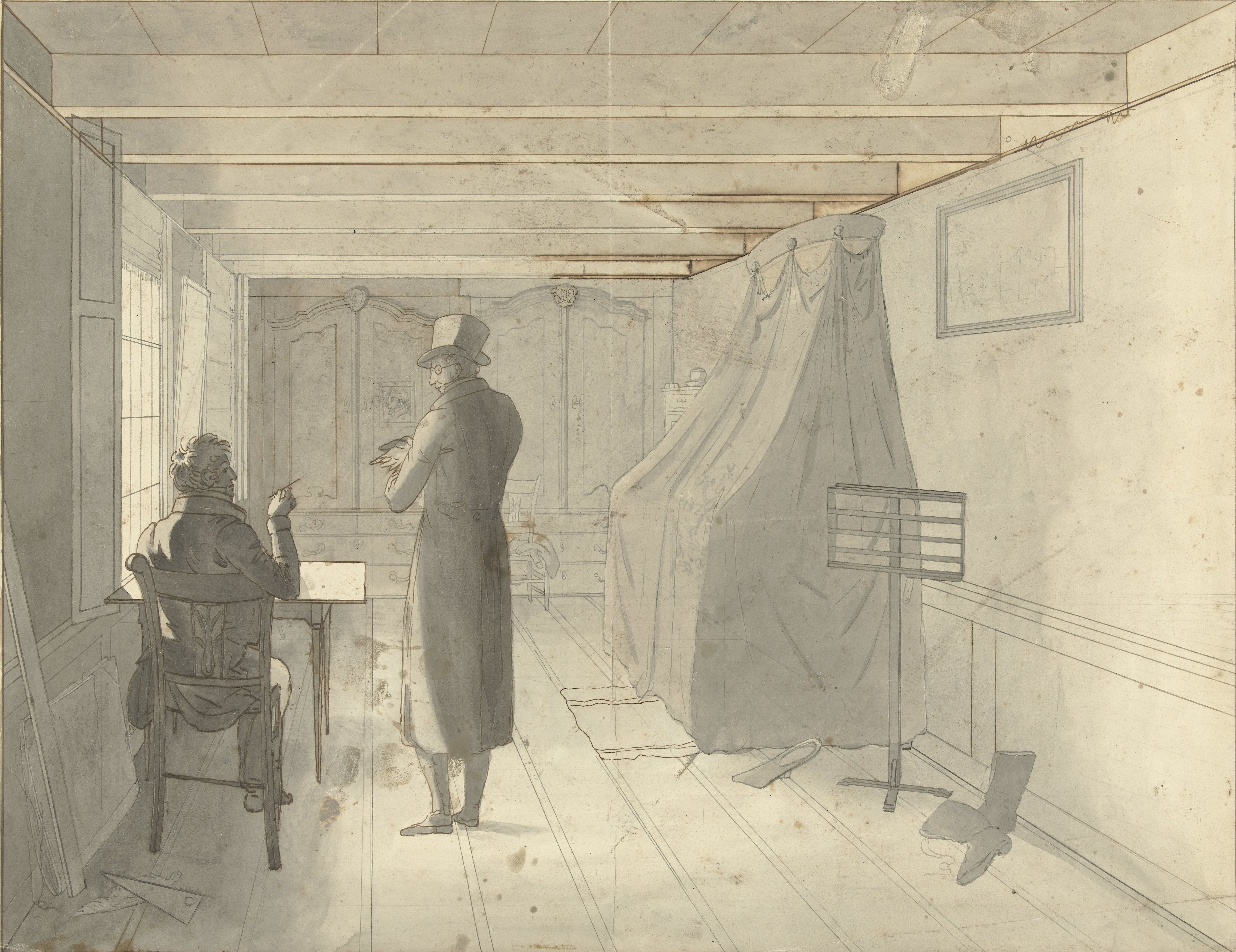 Interieur met twee mannen waaronder een tekenaar