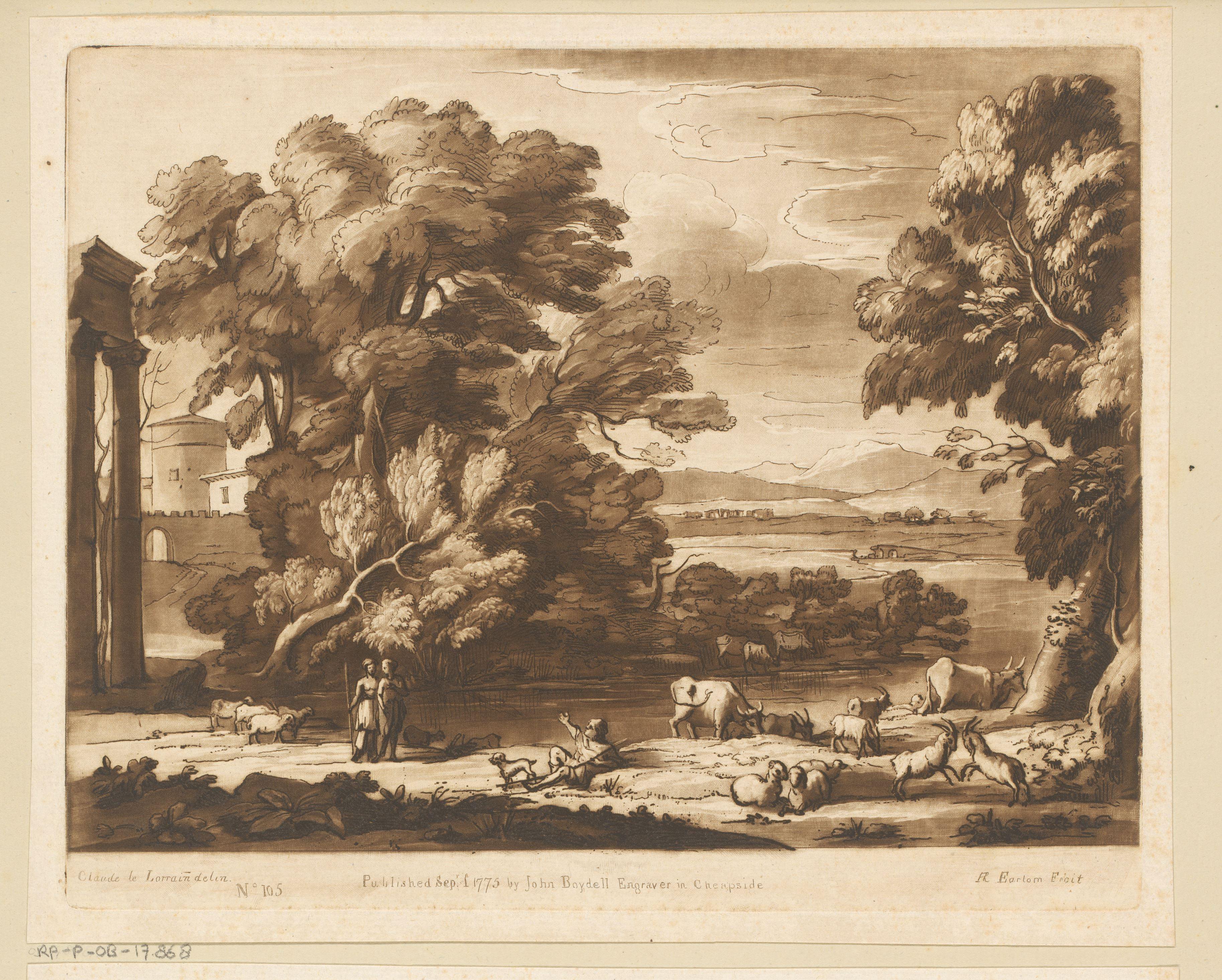 Landschap met rustende herder, twee herderinnen en vee aan de waterkant