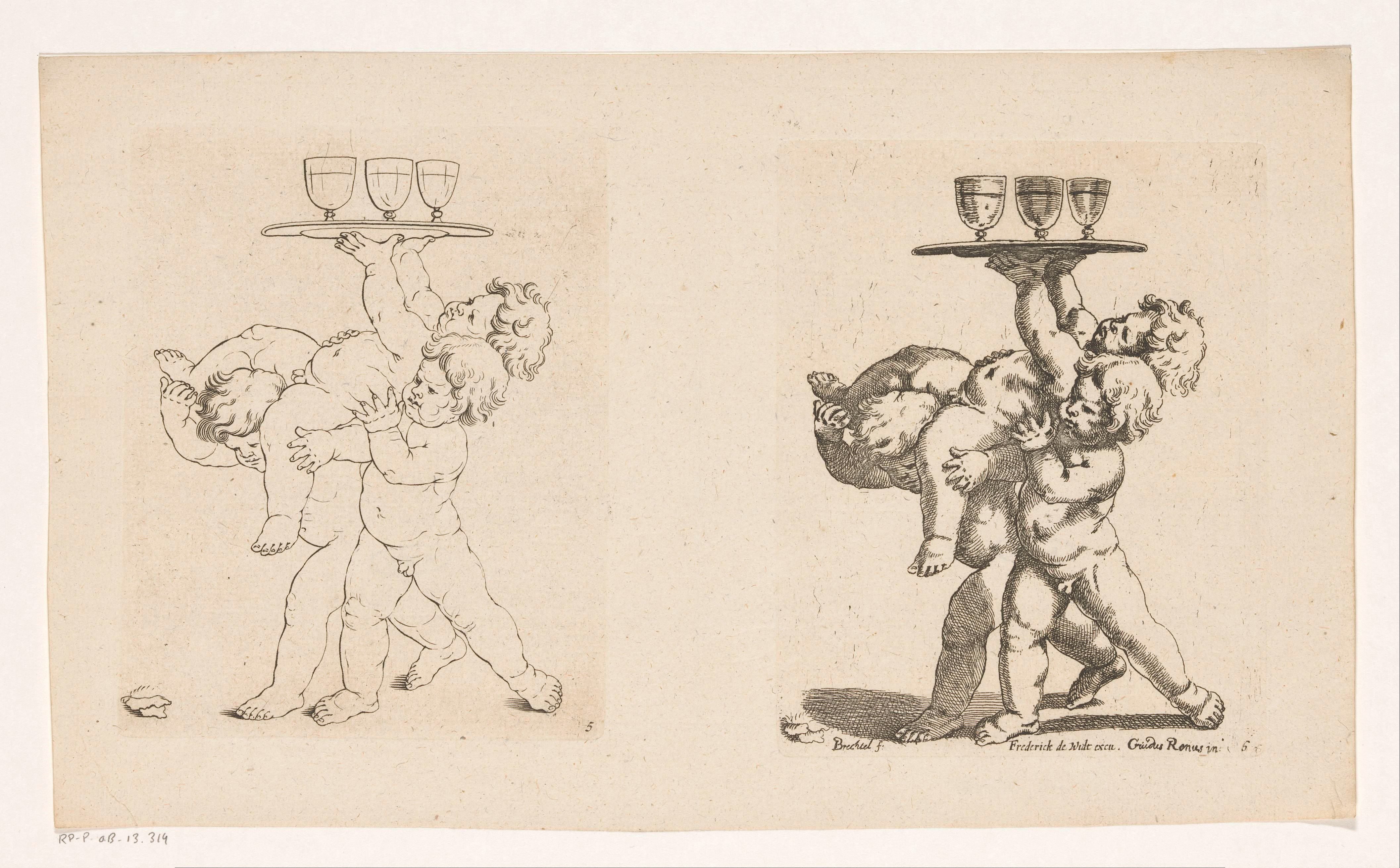 Twee putti dragen een putto met in zijn handen een dienblad met drie drinkbekers