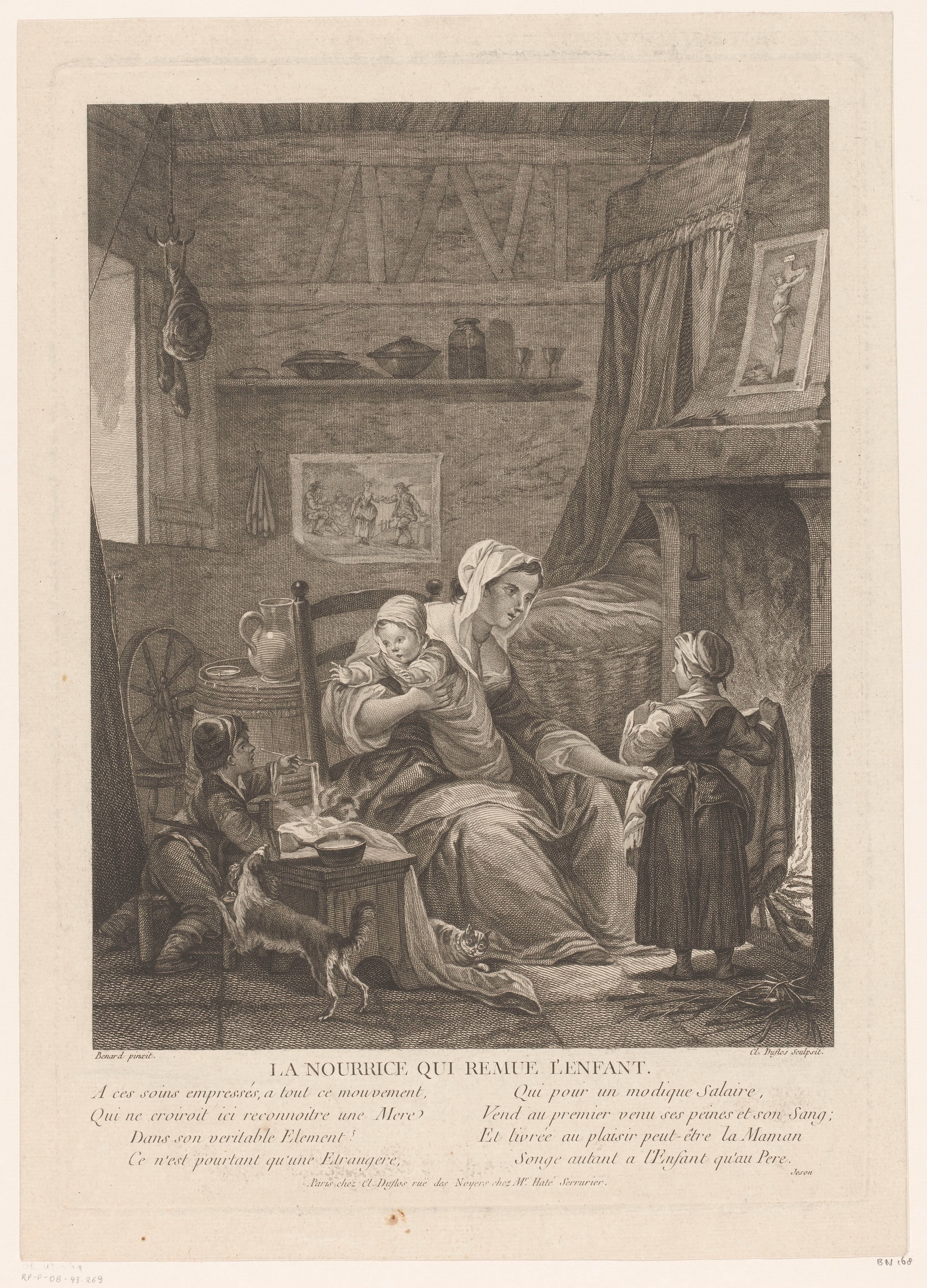 Interieur met min en kinderen aan het haardvuur