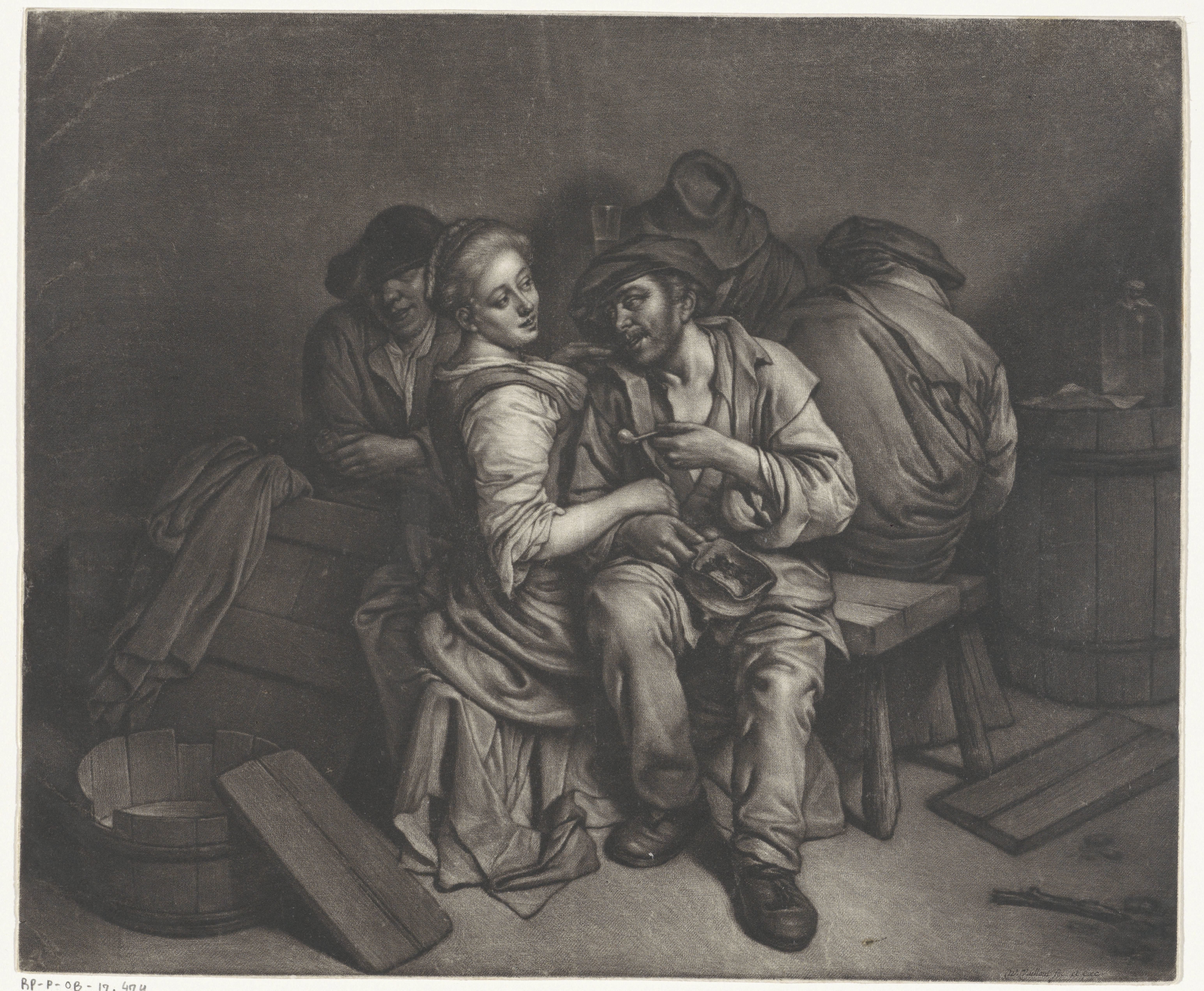 Herbergscène met vier mannen en een vrouw