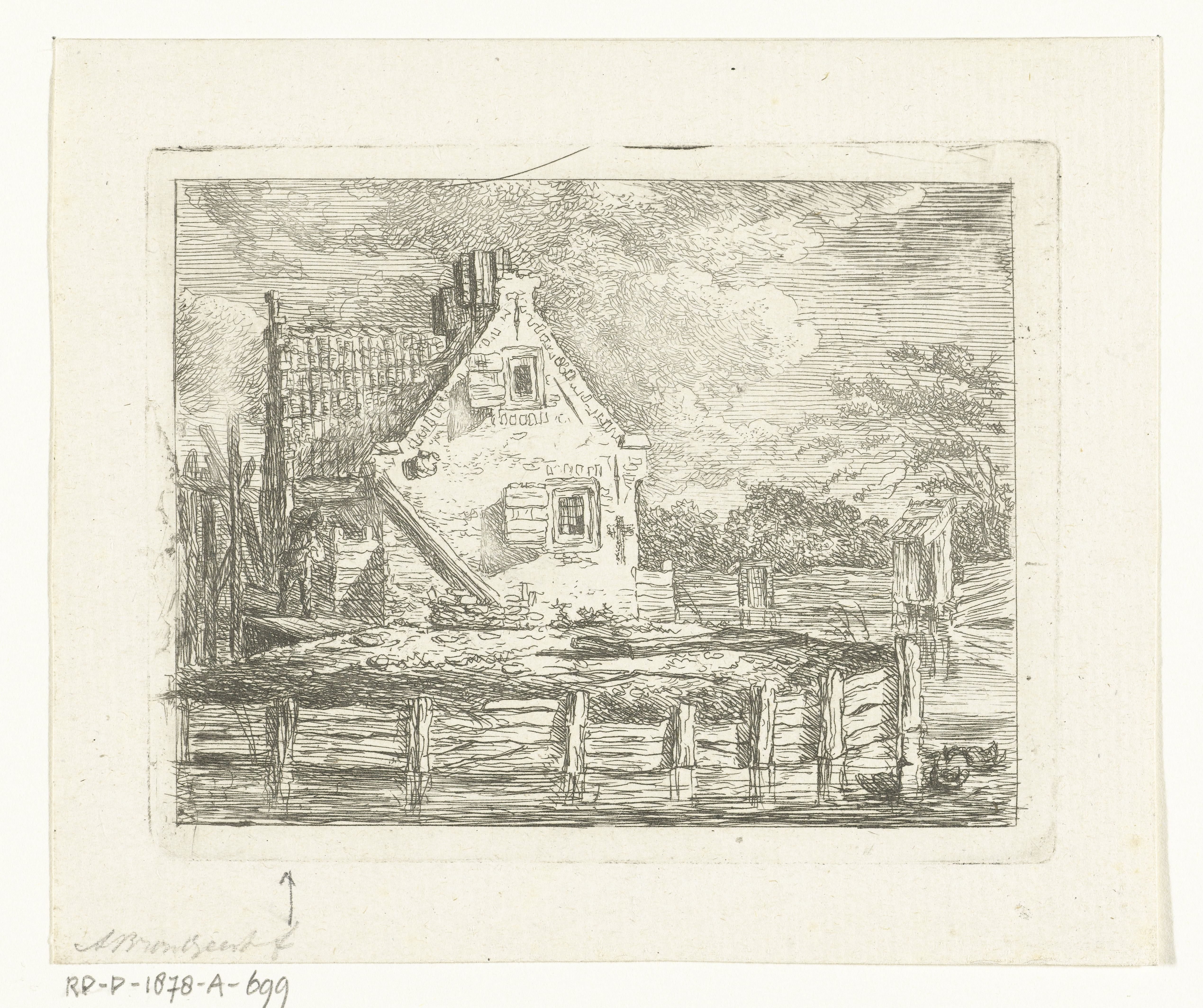 Stenen huis met erf omgeven door water