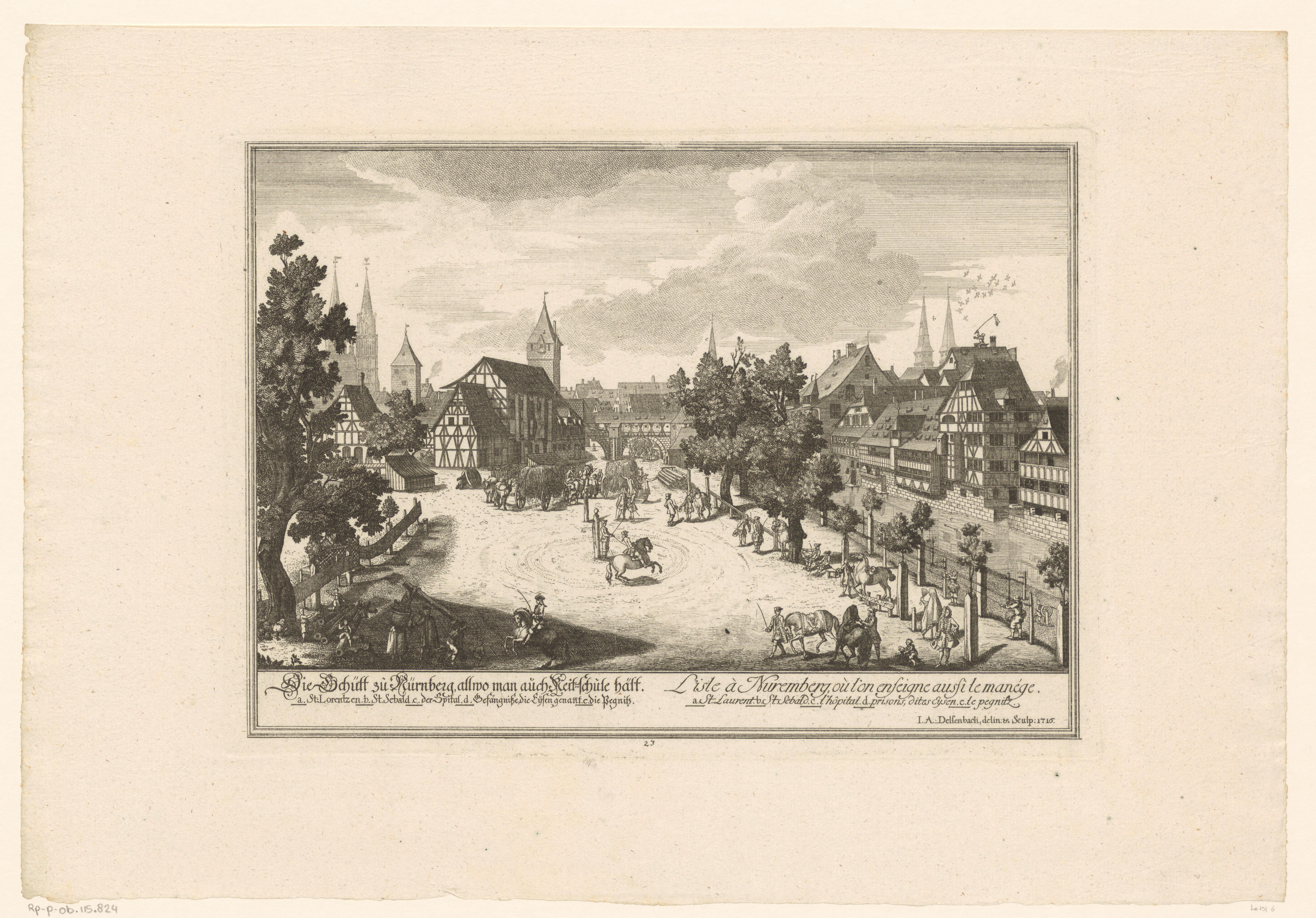 Gezicht op het eiland en de manege in Neurenberg