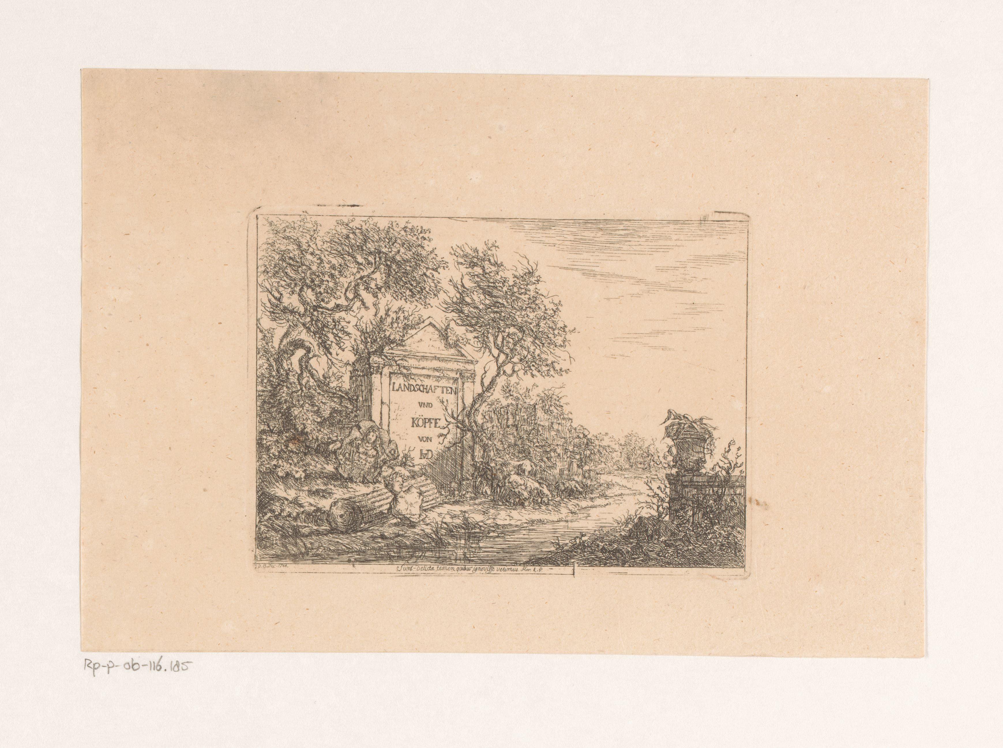 Landschap met antieke ornamenten aan het water