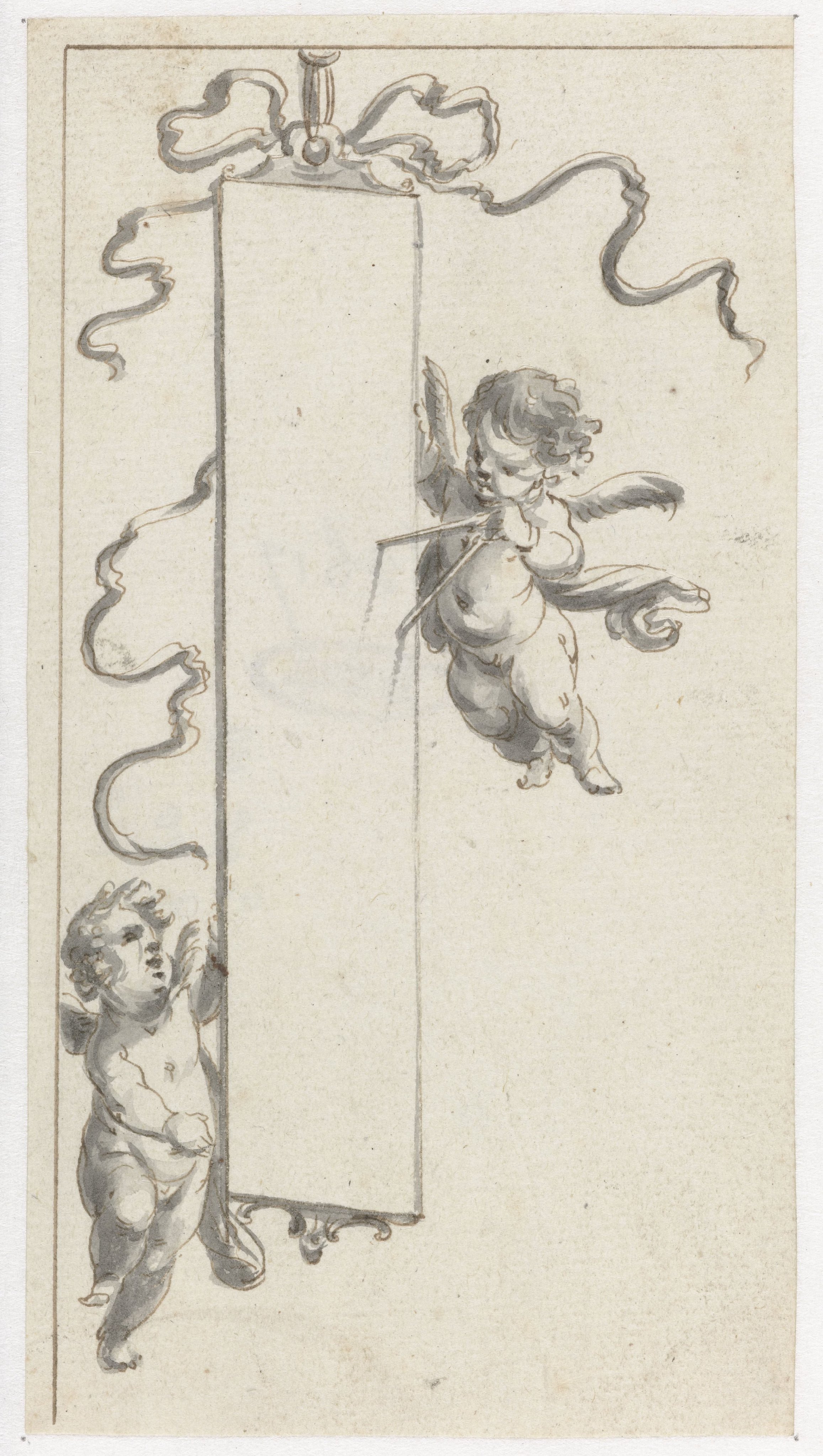 Langwerpige cartouche met twee putti