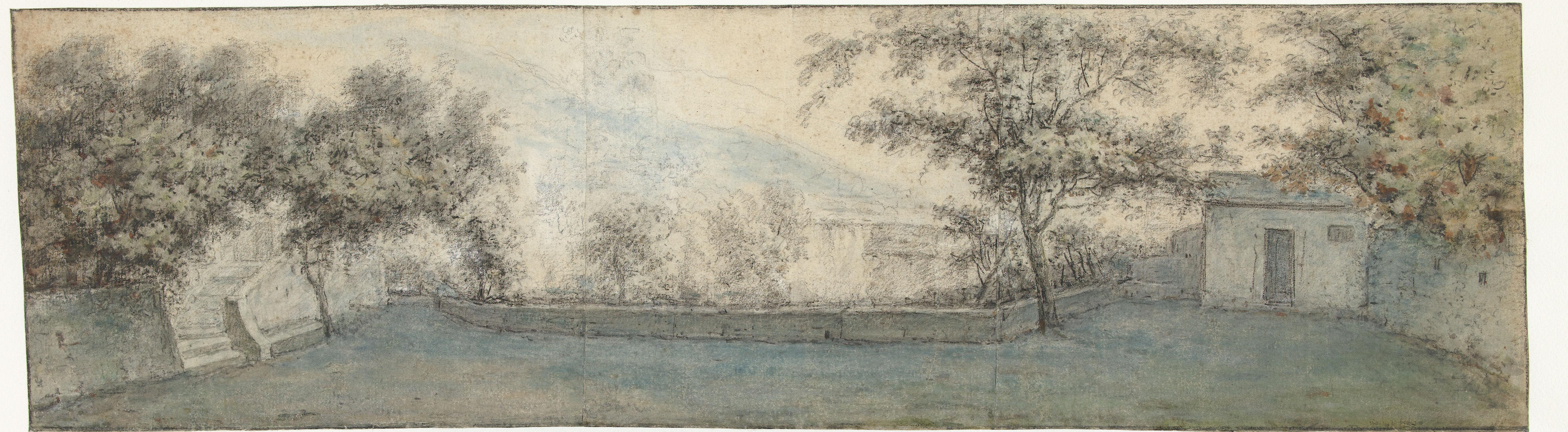 Gezicht op een terras met links en rechts een paviljoen