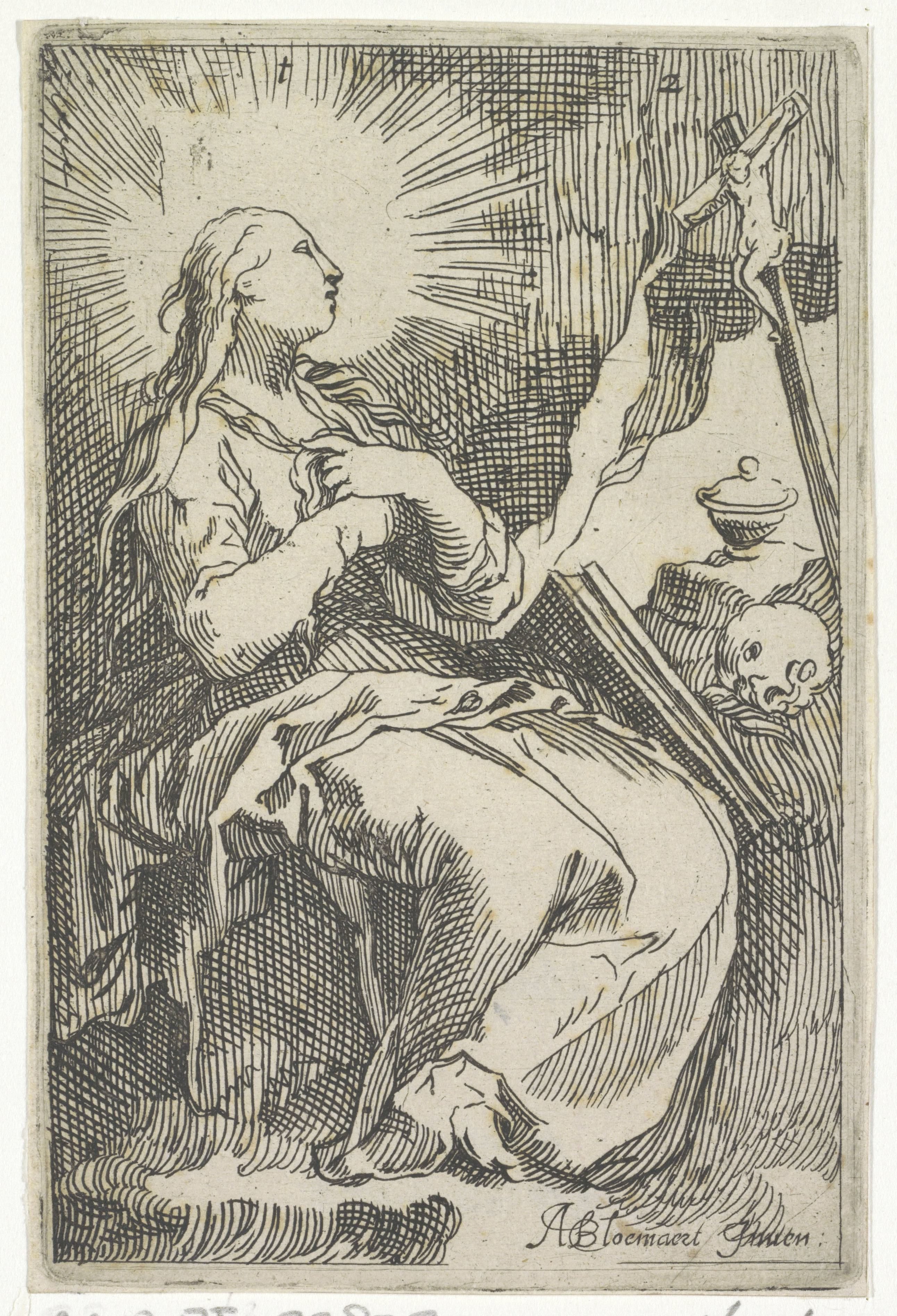 Boetvaardige Maria Magdalena in de grot voor crucifix