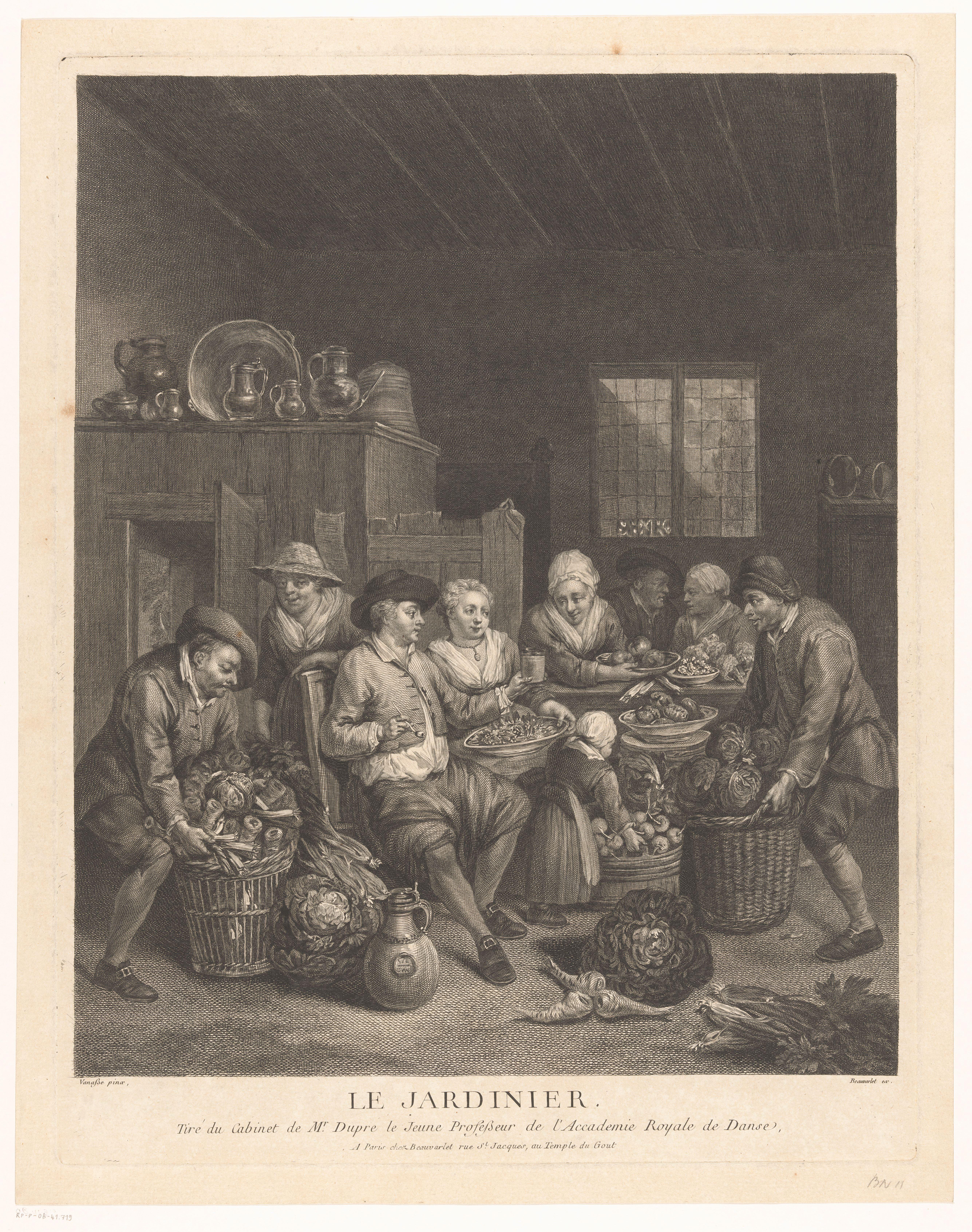 Interieur met zittende figuren en groentemanden