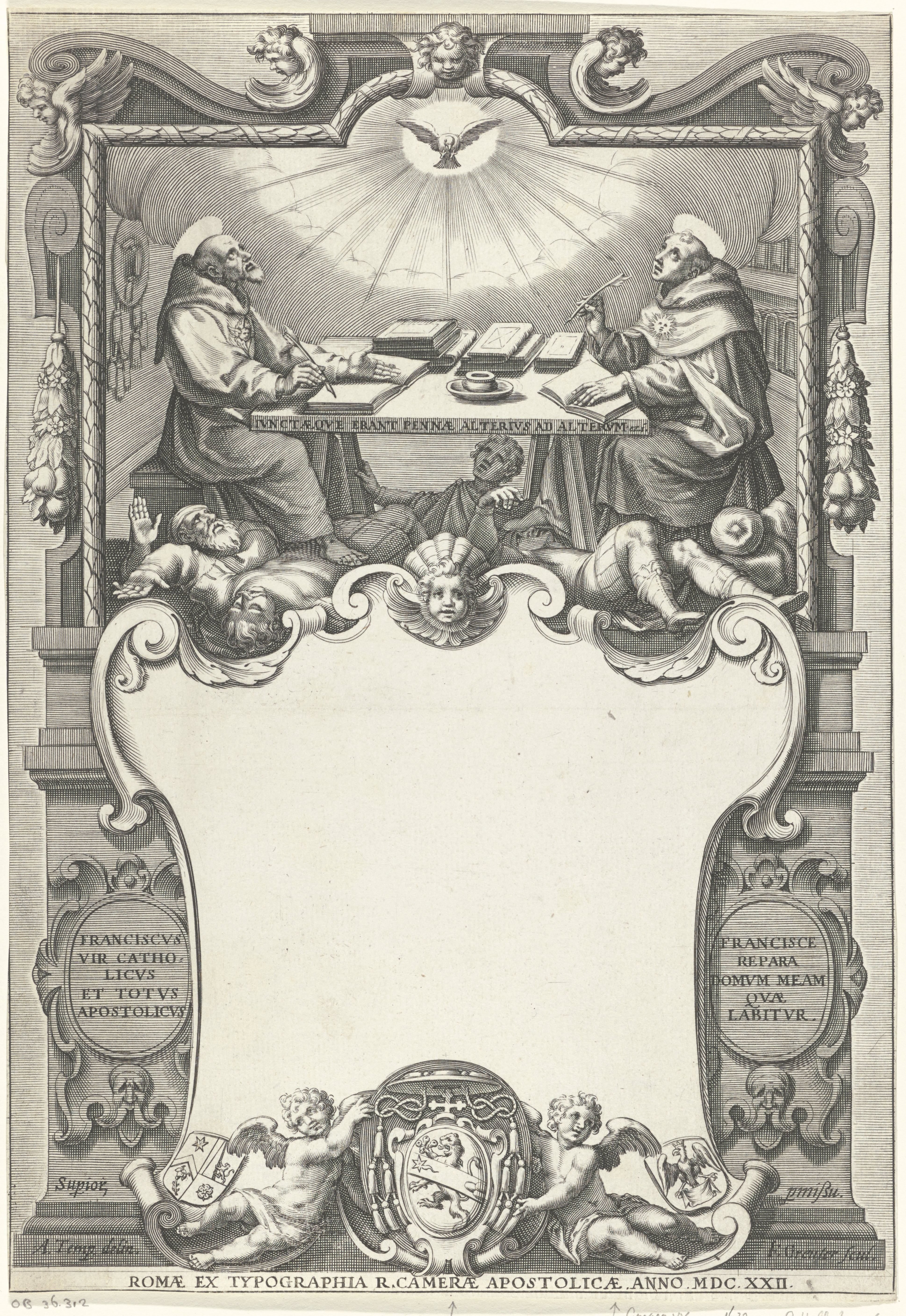 Titelprent met twee schrijvende monniken aan een tafel